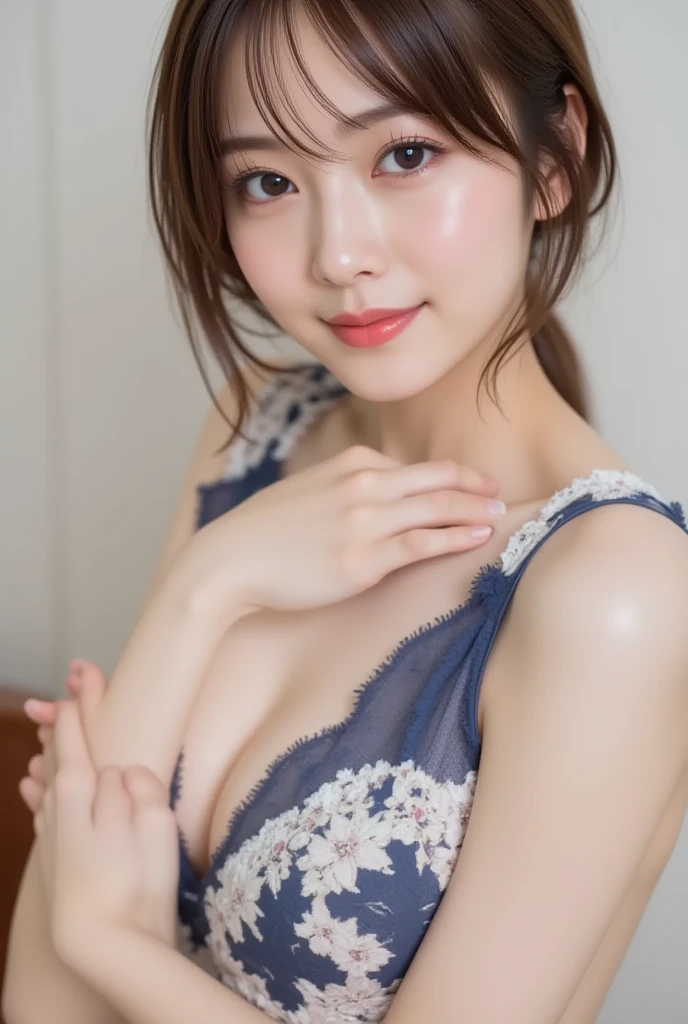 ????, Real、high resolution、1oldman and 1girl、２４talent、Perfect Face:1.3、Beautiful woman 1:5、A peerless beauty、cute、Japanese women、Medium Long、Natural Makeup、Office Lady、????、Light blue dress shirt、Navy Blue Skirt、Pink Bra、Pink Panties、????????? with lace、Slender、 Her skirt is flipped up,All the buttons on his shirt are undone、(show off ???????)、An old man is removing a woman's bra,an oldman spread her ?????