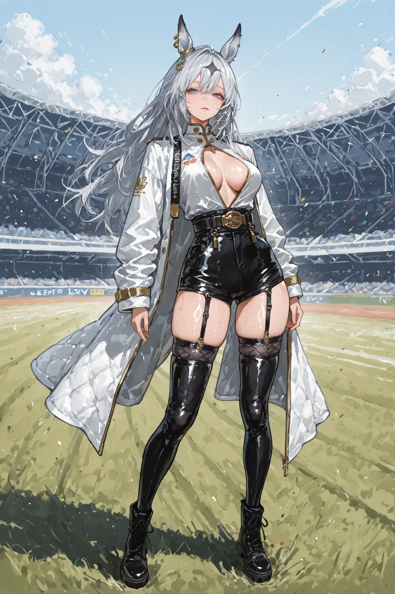 Uma Musume、horse ear、Jirio Mahonoko、 A sophisticated eye 、Full Body、GBF_style、748cm style for bigi、32K、semi-realistic、  super detailed description on the front 、art work、Original Work、 Detailed Color、 detailed eyes、 detailed face 、Detailed Eyes、detailed eyes、Exquisite eyes, The best傑作、professional job、Beautiful , Lots of Piercings, pop art, Shiny Oily Skin, realistic skin, The best, long hair, blue eyes,    cool look, narrowed her eyes, viewers, Silver Hair、lawn、Racecourse、Turf、Race Course 、dynamic pose 、緑のlawn,Racecourse、lawn、Black Knee Socks、緑のlawn、black hotpants、black hotpants、black tights、lawnの上、frustrated、Three-quarter sleeves、3/4 sleeve long coat、white coat、garter belt、black long boots、open  clothes、black inner