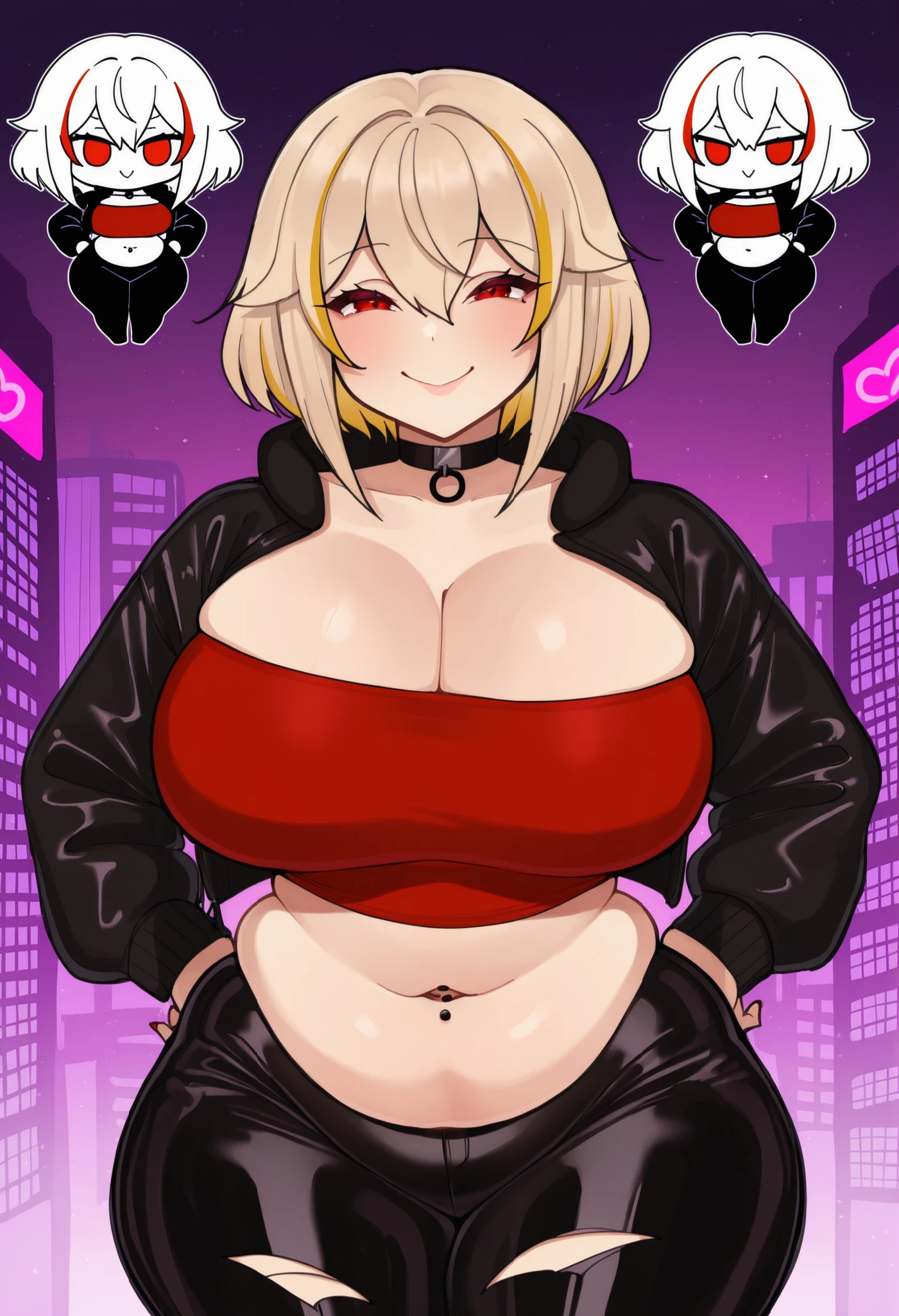 1girl,  (((bimbo))),hoop earrings, big puffy lips, painted lips, thick lips. 
Blonde hair, short twintails, grumpy, wide , thick thighs, perky , bursting , Nightlife, Night city, Cyberpunk city, futuristic cityscape. Neon lights, (skyscraper:1.1), Tokyo tower, palm tree, cloth sign, ramen stall, night club. bright city lights, exotic car. alcohol, bar, ramen, soup stall ,alcohol bottles, stomach blush, overflowing , rounded stomach, pubic tattoo, word underbelly tattoo, , gym shorts,  dolphin shorts, low hanging shorts, slutty yellow jacket,  liquid running down between thighs, no panties,  in between thighs, legs slightly apart, ruler tattoo, ruler tattoo with heart on top, pants fly open, covered , hearts around stomach, hearts in groin, see through camisole, black camisole