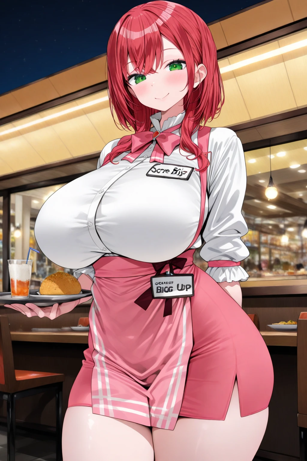 pelo rosa, pelo color rosa intenso, pink hair, ojos azules intenso, ojos color azul, intense blue eyes, electric blue eyes, blue eye color, labios enormes, labios hinchados, ponytails hairstyle, ponytails, pechos grandes, pechos enormes, Figura de reloj de arena, (cintura estrecha), confianza, superioridad, bratty, brat, malcriado, bully, muslos gruesos, pendientes, arriba, diafragma, sonrisa, medio plano, evil sonrisa, sudoroso, cara de gemido, waitress, serving food, big , from the front, in a expensive restaurant (tables, food, people on background, busy restaurant, full of people, global ilumination), , grande  , big , front