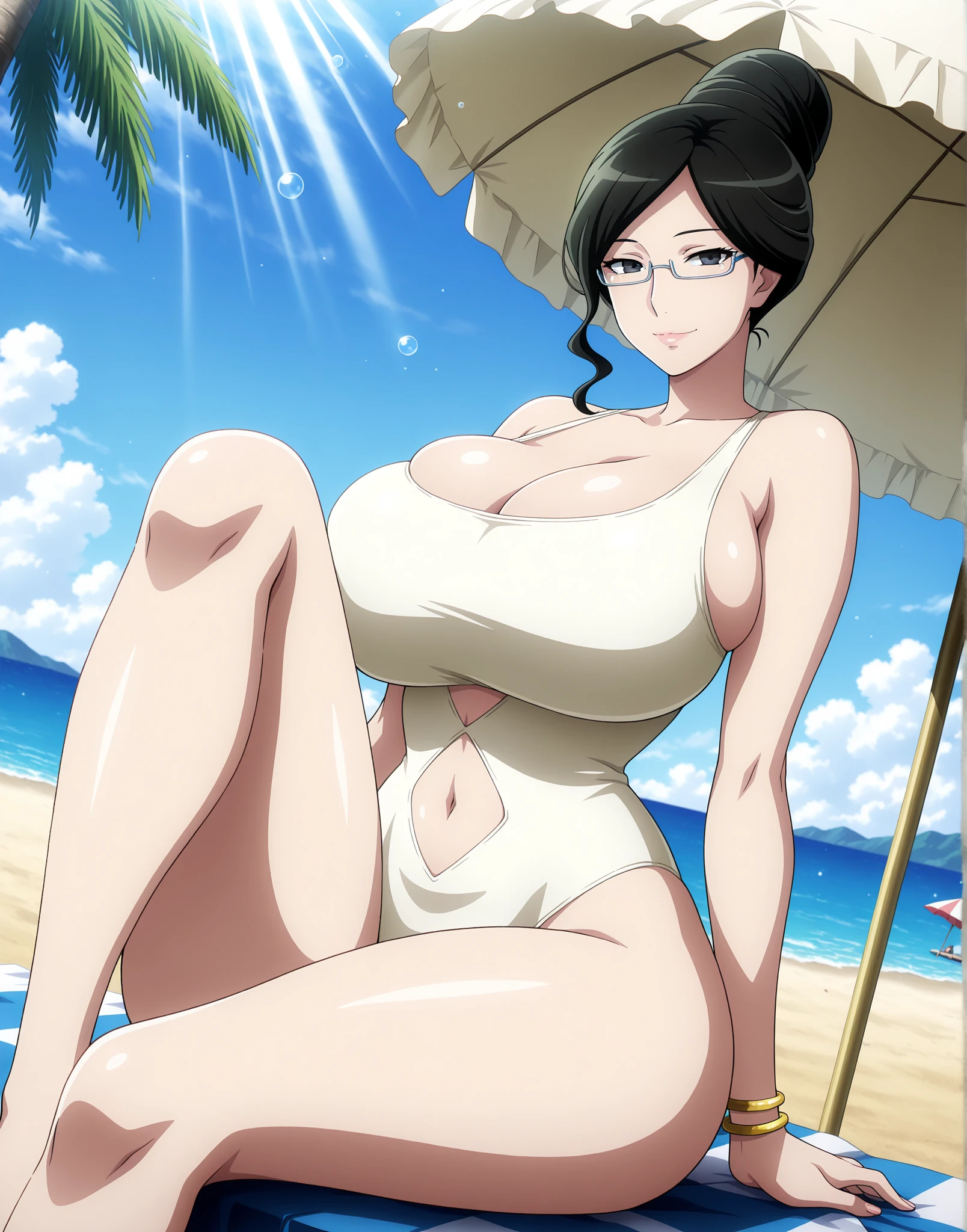 score_9, score_8_up, score_7_up, score_6_up, source_anime, BREAK, 1girl, solo, (( <lora:lee_rye-oh:1> , lee_rye-oh, thin waist, wide hips, beautiful skin, piercing dark grey eyes, clear eyes, bright pupils, beautiful eyes, beautiful black hair, beautiful long hair, bangs, huge and shaggy breasts, natural beauty, extraordinary beautiful woman, attractive woman, super sexy woman, lustful body, sexy woman with seductive obscene body, sensual body, voluptuous body, sexy beauty, no piercings, no piercing, )) , ((beutiful sexy sheer white leotard, black frame glasses, )) , looking at viewer, sexy pose, cowboy shot, seducative smile, sexy, hands behind head, beach bar, tropical beach, summer,