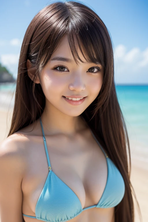 japanese female, break,
portrait, (from below), (?????????:1.5), (???????????:1.3), break,
(beautiful japanese girl), (looking at viewer:1.3), (Warm Smile:1.5), break,
(Shot with Canon EOS 5D Mark 4 and Canon EF Lens 85mm F1.2L lens, F value 1.2, ISO 50, shutter speed 64), break, 
beautiful and fine eyes, perfection, perfection, roll your eyes, detailed face, fine eyes, excellent quality, masterpiece, very detailed, Advanced level of detail, many details, high quality, cinematic light, real hands, (super realistic:1.3), perfect eyes, detailed skin, skin blemish, lip gloss, break, 
19 years old, 165cm toll, Bust 93cm, Hip 91cm, Waist 60cm, break, 
kogane tsukioka, (brown eyes:1.5), light brown hair, hair tie, ponytail, blue hair ribbon, break,
???? legs, collarbone, break,
bandeau ??????, break,
outside, on the beach,