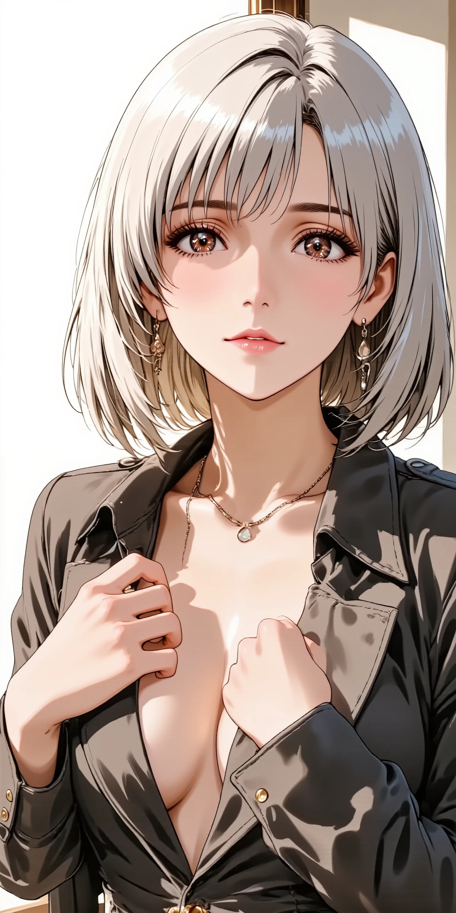 Anime style illustration, best quality, ultra detailed, sharp focus, high contrast, clean lines, Eye-level shot, chest-up portrait, slightly angled view, A cool woman, intense gaze, strong contouring makeup, defined eyebrows, bold red lipstick, perfect 5-fingered hands, slender fingers, good hand anatomy, standing tall, confident posture, Wearing a tailored jacket, sleek short hair with bangs, silver hair, facing up, statement necklace, minimalist studio background, hard light, shadow play