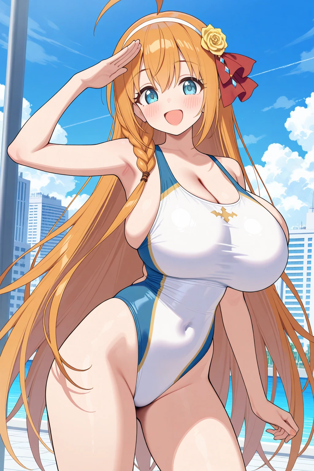 huge-breasted,wide hips,,Open mouth,sweat body,Wet body,cleavage,,blonde hair,long hair,cowboy shot,solo,hair ornament,jewel,navel,drooling,,tongue out, incoming kiss, saliva drip,saliva,lips,solo,sweat,,thighhighs, open mouth, laurel crown, turret,, cleavage, smile, huge breasts, wrist ribbon, ribbon, veil, shoulders,,saggy breast,blue eyes,,elect ,pov, ,bikini,beach,.sunlight