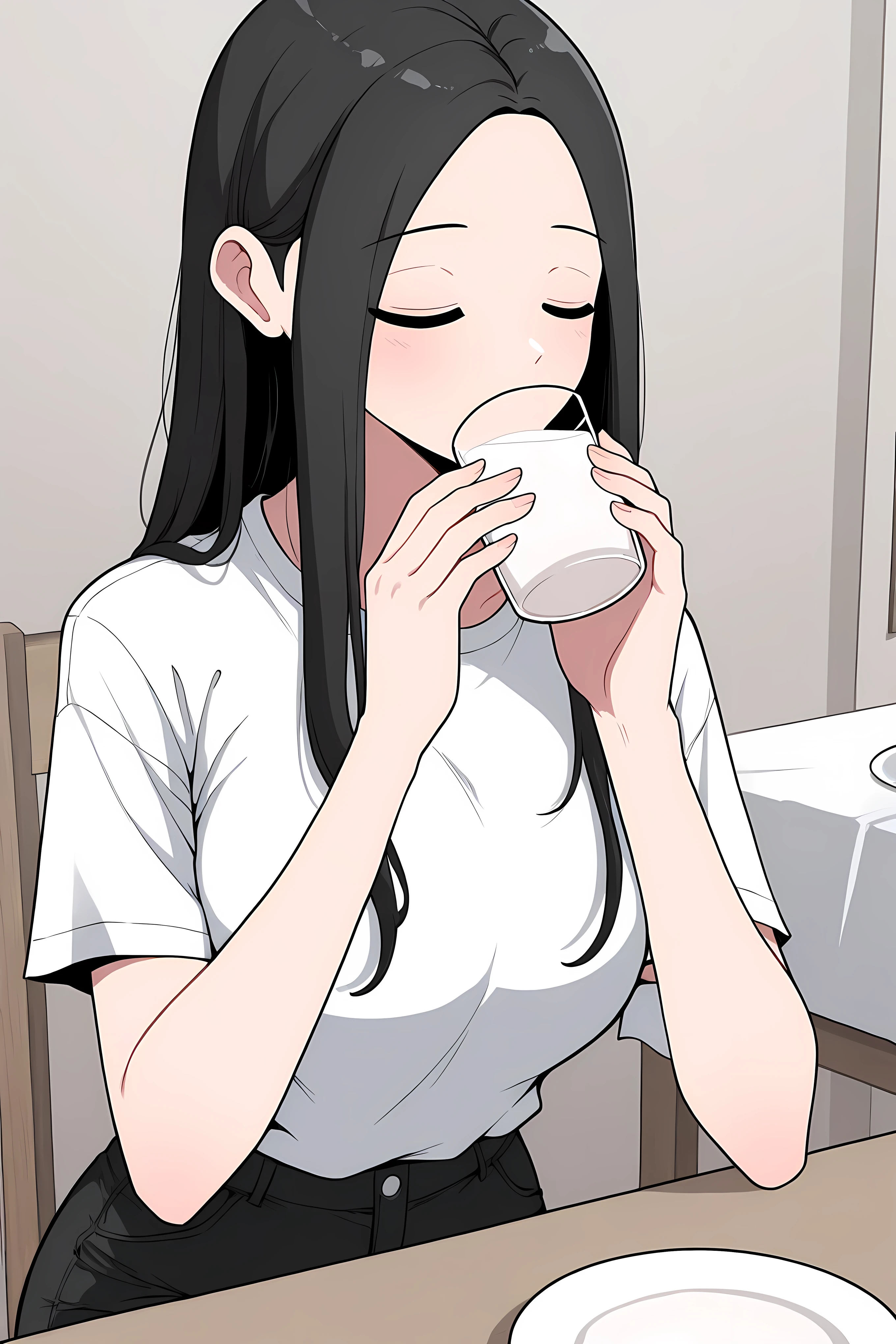 yoo jae-kyung, long hair, large breasts, black hair, closed eyes, forehead, white loose shirt, very short black shorts, drinking a glass of milk,
Solo, general, masterpiece, highres, ultra-detailed, hyper-detailed, best quality, amazing quality, very aesthetic, best hands, best eyes, best hand
adult woman, 1woman, in dining room, a cartoon of milk in the table,