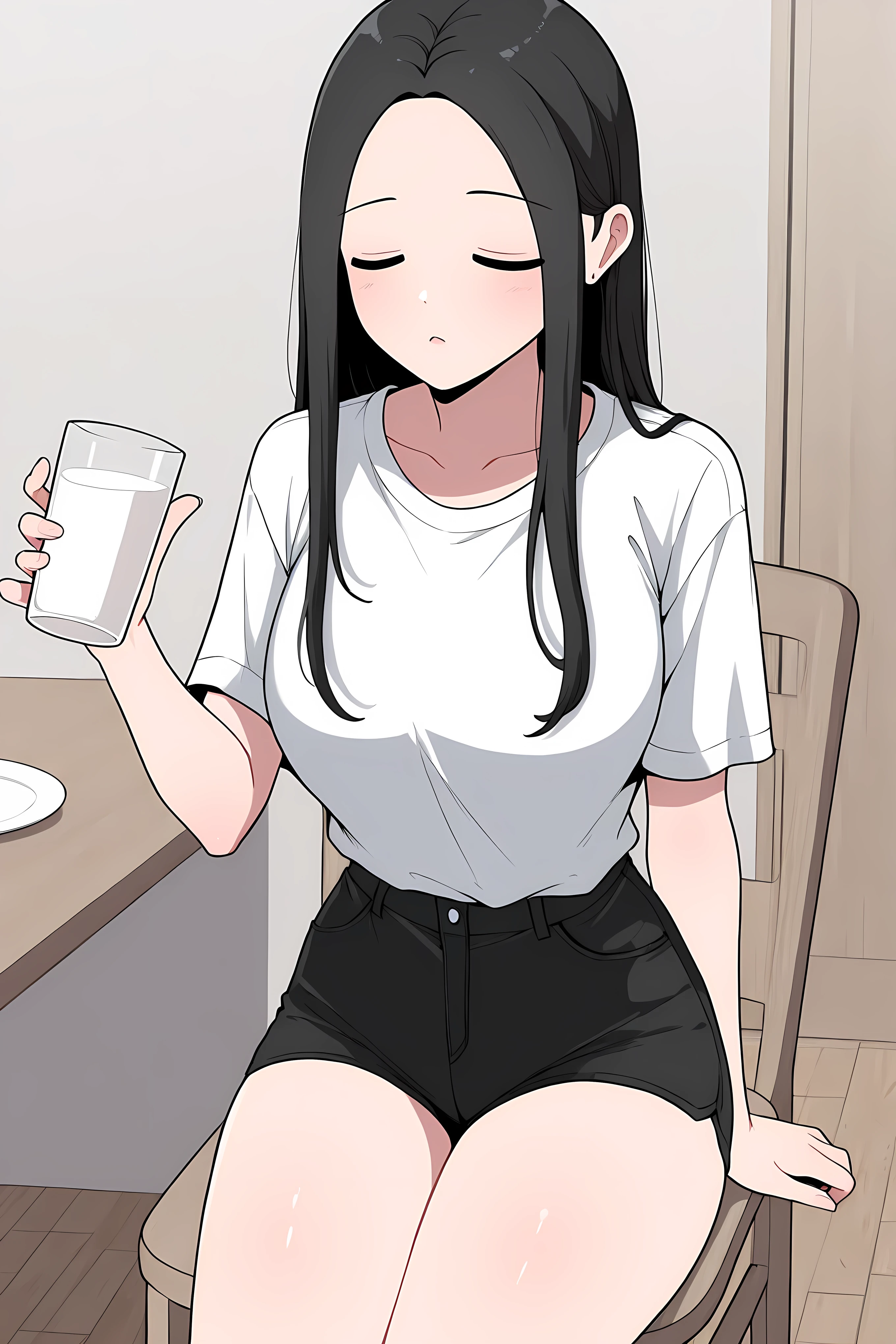 yoo jae-kyung, long hair, large breasts, black hair, closed eyes, forehead, white loose shirt, very short black shorts, drinking a glass of milk,
Solo, general, masterpiece, highres, ultra-detailed, hyper-detailed, best quality, amazing quality, very aesthetic, best hands, best eyes, best hand
adult woman, 1woman, in dining room,