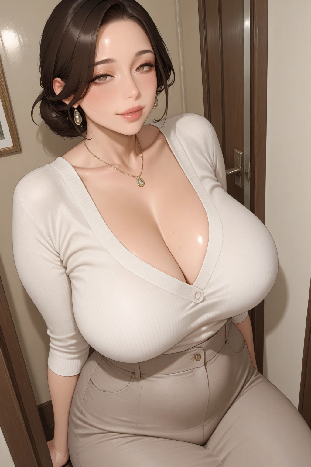 Tabletop, Highest quality、Realistic, ( Intricate details, Depth of written boundary)、Hyperrealism, 8K, Highest quality, Super detailed, retina, Very detailed, Perfect Face, Perfect body, Huge breasts, narrow, Very big ass, Glamour, indirect lighting, Wavy Hair、short hair、Beautiful woman,Black-haired、Japanese Goddess、 Perfect appearance, smile, Lolita, Oily skin、Glowing Skin、Natural soft light, Anatomically correct（(Full Body including thighs))picture、Skin Texture、big、Loose-fitting white T-shirt、Wear a cardigan((Ribbed))、Wearing shorts((gray))、Cooking happily in the kitchen、Mediterranean resort style décor, ass pov,1 boy, , breasts , ,  is between breasts,  in breasts, breast squeeze, 1 boy, , 