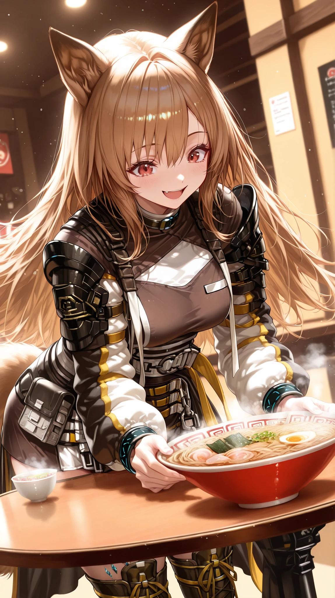  Inside the ramen shop, the girl sits across the table. On the table sits a bowl of ramen, steam rising from it. front view
1girl , solo , ceobe_\(arknights\) , red eyes, brown hair ,dog ears, dog tail, jacket , short dress , belt , pouch , oripathy lesion (arknights) , infection monitor (arknights) , cross-laced , thigh boots , 
happy , ^o^ , excited , ++ , leaning forward and resting their hands on a desk , 
eyes reflection , moistened eyes , well-defined features , a beautiful face , beautiful eyes , fine hair , fine skin , 
break , 
( ambient occlusion:0.9 ) , masterpiece , best quality , ultra-detailed , high resolution , good , extremely detailed CG , unity 8k wallpaper , super detailed skin , perfect , detailed beautiful face , detailed beautiful eyes , highres , chiaroscuro , highly detailed background , elaborately designed clothes , dramatic lighting , dramatic angle , light particles , RAW ,