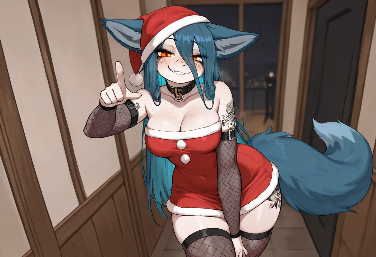 (Masterpiece) (High Detail) (High Res) A short petite humanoid girl with pale human skin and blue eyes and long blue hair and blue dog ears and a big fluffy dog tail and small average . She is wearing  Christmas Lingerie. Red lace panties and a red lace garter belt and a red lace bra, with red stockings with white fur edging around the thigh. She has her back turned and is reaching up and placing a Christmas Stocking above a fireplace. She is wearing a red santa hat.