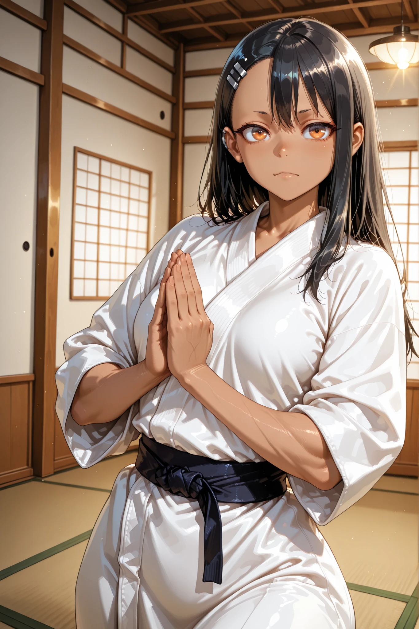 1 girl, Hayase Nagatoro, long hair, bangs, black hair, hair ornament, brown eyes, pretty eyes, detailed eyes, gradient eyes, long eyelashes, beautiful eyes, beautiful face, perfectly symmetrical face, delicate and harmonious features, face with golden ratio, beautiful hair, realistic skin with natural texture, medium breasts, good anatomy, anatomically correct hands, hair clip, dark skin, dark-skinned female, tan, mature female, beautiful judoka in a defensive stance, traditional judo kimono with visible seams, perfectly tied black belt, concentrated and confident facial expression, intense eyes, jigotai stance (defensive stance), official green tatami, dojo illuminated by suspended lights, soft shadows, intense training environment, toned muscles visible through the kimono, carefully tied hair, detail on calloused hands, depth of field, artistic sports photography, three-quarter angle