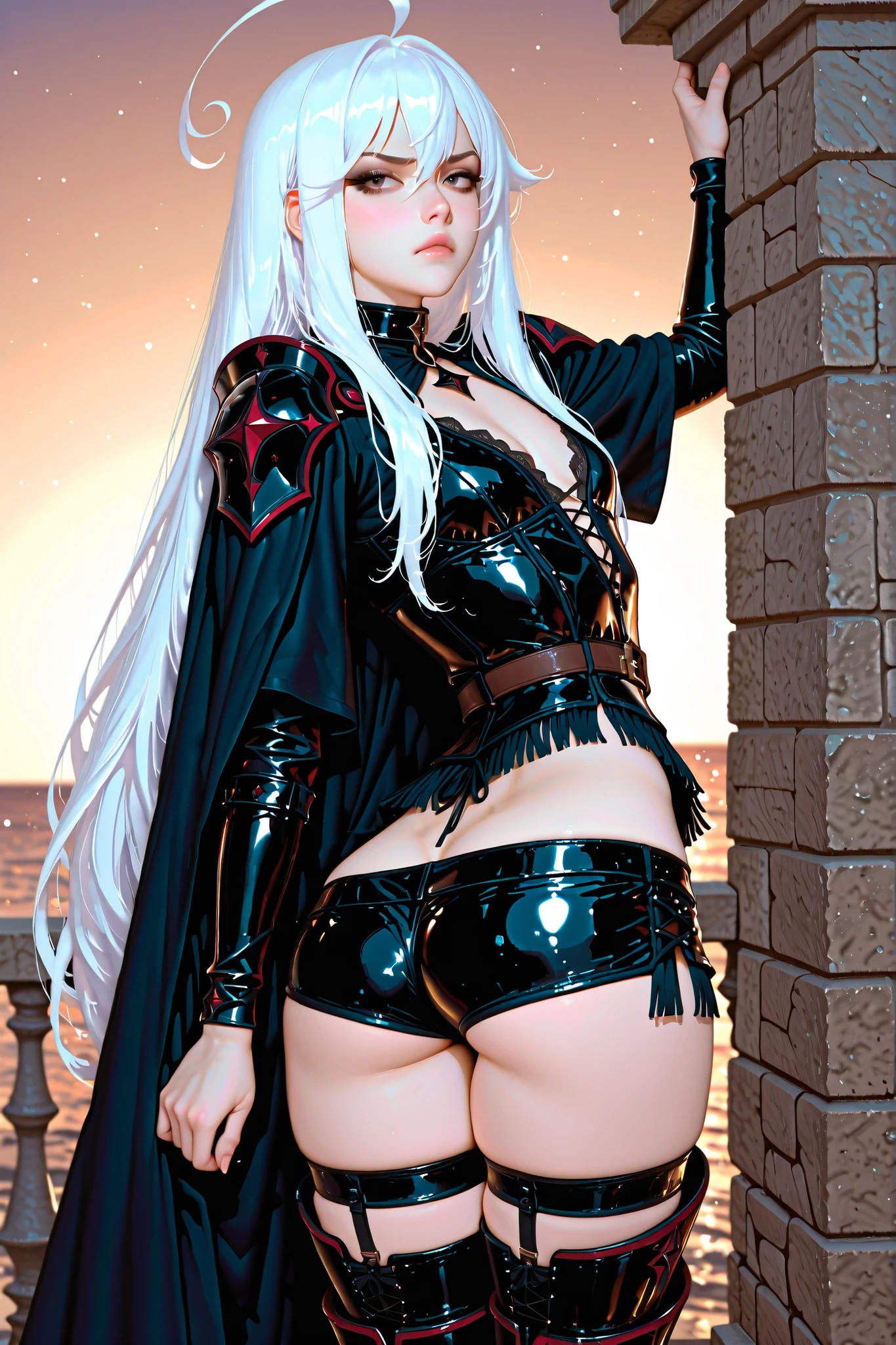 masterpiece, best quality, absurdres, 8k, ultra-detailed CG, ((PersonalAmi style)), woman standing atop a stone tower, overlooking the sea, strong winds, 1girl, tall elegant adult woman, (((from behind, looking over shoulder))), ((white hair)), (extremely long hair, even fringe, massive cowlick ahoge), ((pale glistening skin)), dark amber almond eyes (narrowed, annoyed expression), heavy dark brown eyeshadow, sharp black eyeliner, mascara, full lips, prominent straight nose with defined ridge, slender long torso, wide hips, flat chest, collar, black babydoll armor negligee, tiny black boyshorts, low-rise boyshorts, (((lowleg boyshorts, posterior cleavage))), gold lining, tall black greaves, thigh vents, thigh highs, billowing black cape, large stylized cape, red chaperon, black chaperon, dynamic low-angle shot, rich color palette, dramatic rim lighting, light particles, high contrast, cinematic depth of field
