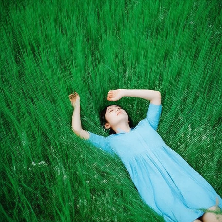 Japanese minimalist style, the image shows a young woman lying on her stomach on a bed of green grass. she is wearing a light blue dress and has her arms stretched out to the sides. her head is tilted back and her eyes are closed, as if she is in a peaceful state. the grass around her is tall and lush, and there are small white flowers scattered around. the overall mood of the image is serene and peaceful.