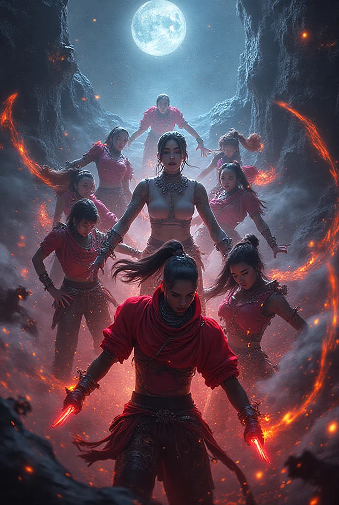 Compose a scene of a Malay girl in hijab harnessing elemental powers—fire, water, or wind. Freeze the action as she clashes with these elements, creating a dynamic and visually striking composition. Use vivid colors to enhance the elemental effects.
