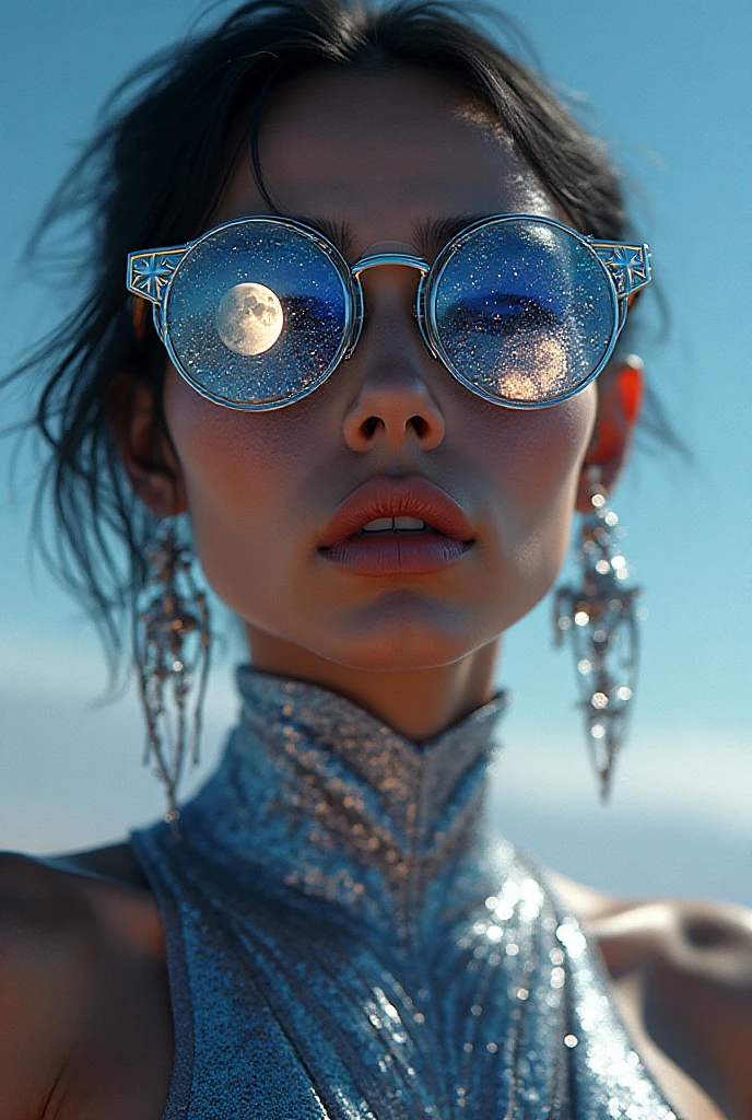 The model wears glass sunglasses with stars and the moon in the glass ...