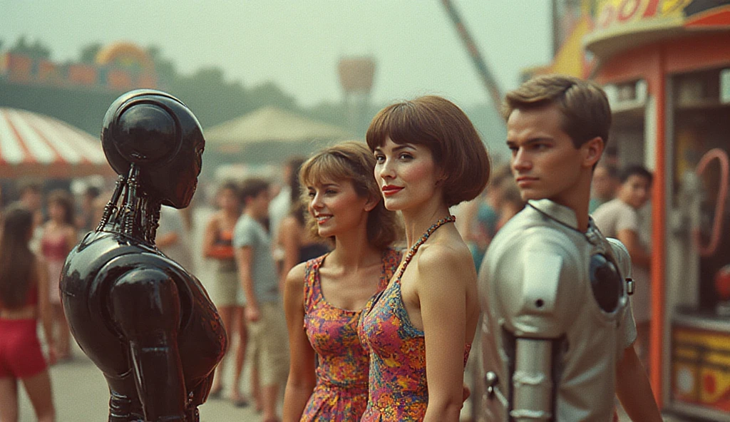 4k image from a 1960s science fiction film by Wes Anderson, Filme O Grande Hotel Budapeste, pastels colors, Young people wearing retrofuturistic alien masks and holding colorful suitcases and chests on the bus, Retro-futuristic fashion clothes from the 60s with old robots, Luz Natural, Psicodelia, futurista estranho, retro-futurista, photo-realistic, Sharp background details.