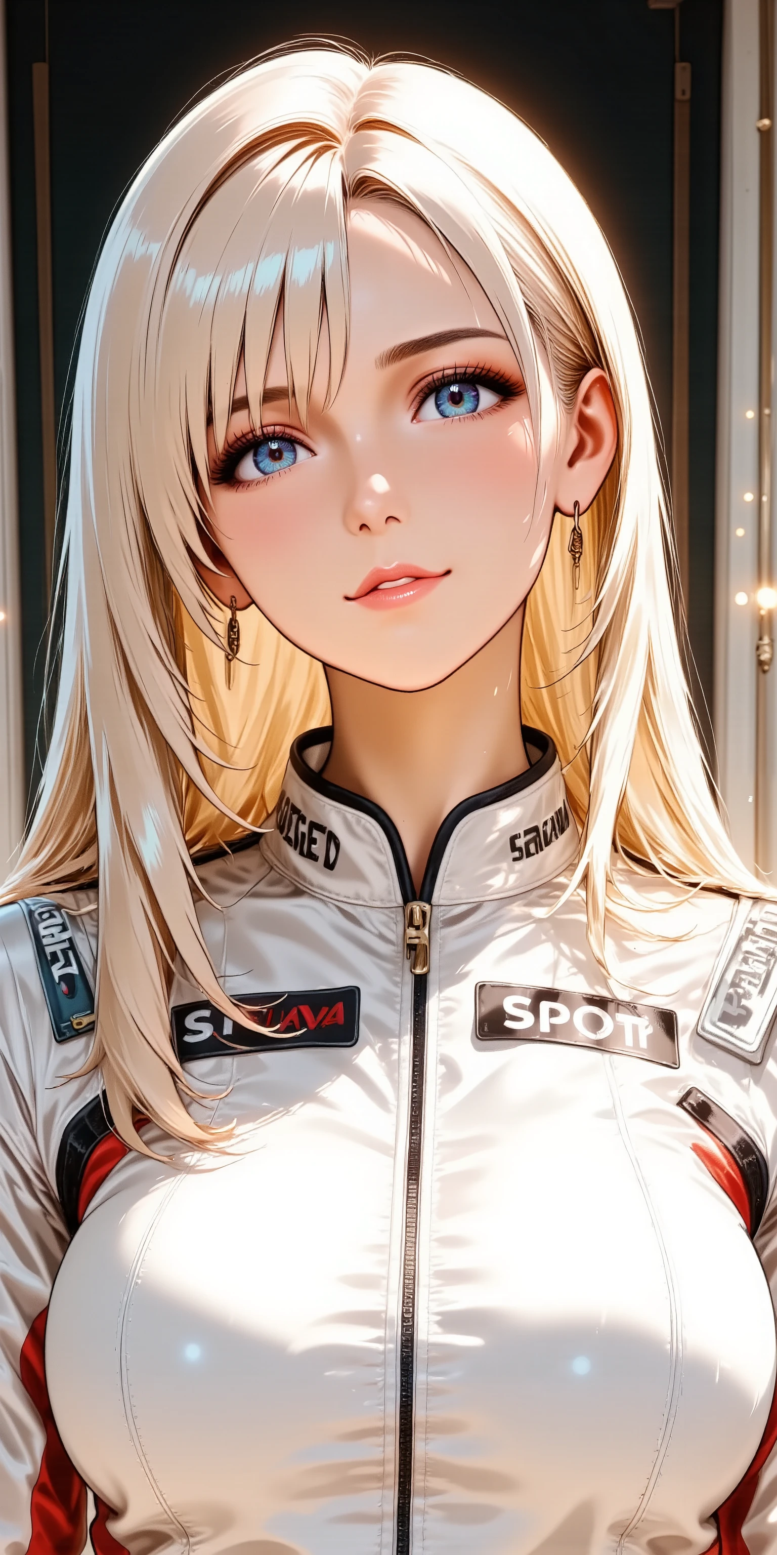 1girl, long hair, blonde straight hair, makeup, red lips, facing up, looking at viewer, light smile, racing suit, from front, Shot at eye-level, thigh-up portrait