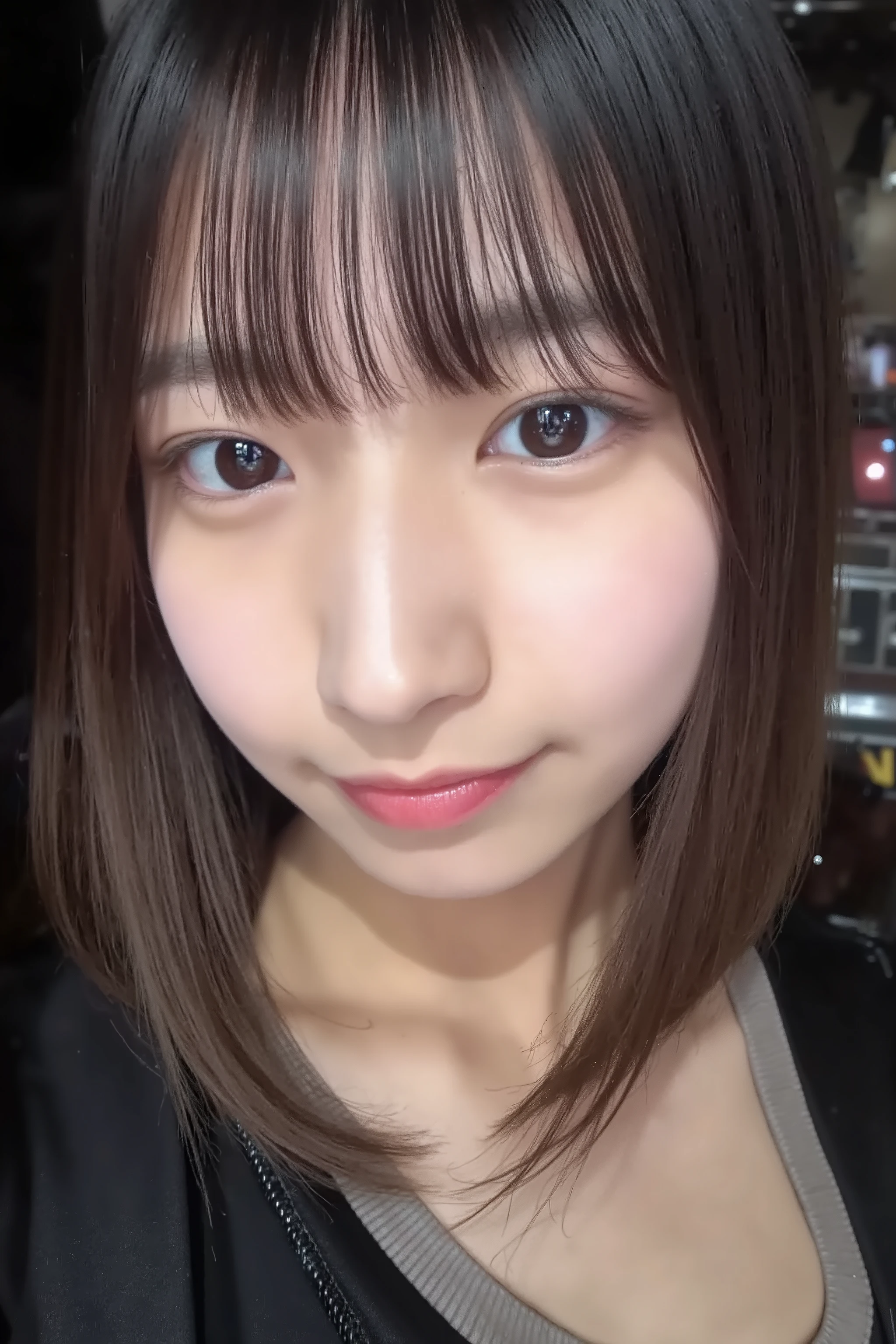 The image is a close-up photograph of a young Asian woman with a fair complexion. Her face dominates the frame, occupying the majority of the image, with her eyes, nose, and lips prominently visible. She has large, almond-shaped eyes with long, thick eyelashes, and her skin is smooth and soft. Her lips are full and slightly parted, revealing a natural, rosy hue. She wears a small silver stud earring in her left ear, adding a subtle touch of personal style.



Her hair is long, dark brown with subtle highlights, and it partially covers her forehead, giving a slightly tousled, casual look. The background is out of focus, but it appears to be a dark, possibly indoor setting, which emphasizes her face and provides a stark contrast to her light complexion. She is wearing a black garment, possibly a top or a sleeve, which is visible at the bottom of the image. The overall mood of the photograph is intimate and personal, capturing a candid moment with a natural, unfiltered aesthetic.