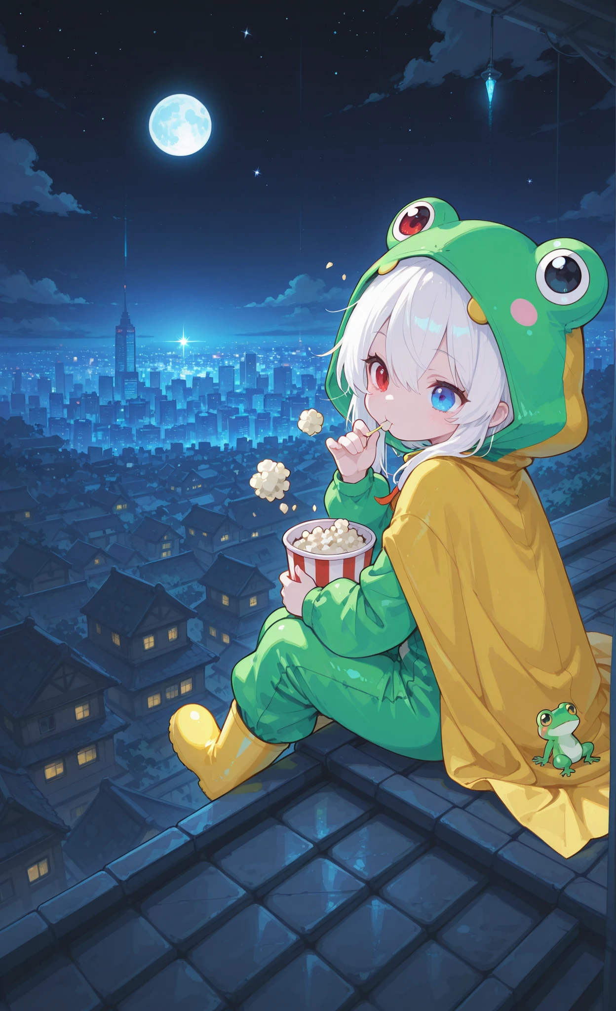 Sweet chibi, masterpiece, better quality, ultra-detailed:1.3, style, I guess, 1 maiden, One, pure white hair with a soft gradient red tip, Heterochromia, right eye purple-red:1.3 and the left eye is icy blue:1.3, fair skin, in a bright green frog jumpsuit with a yellow cape, yellow rubber boots, ,  back and side view , sitting on the edge of the roof, eating popcorn, , looking at the cityscape at night, starry sky, full moon, panoramic city lights below, Contemplative atmosphere