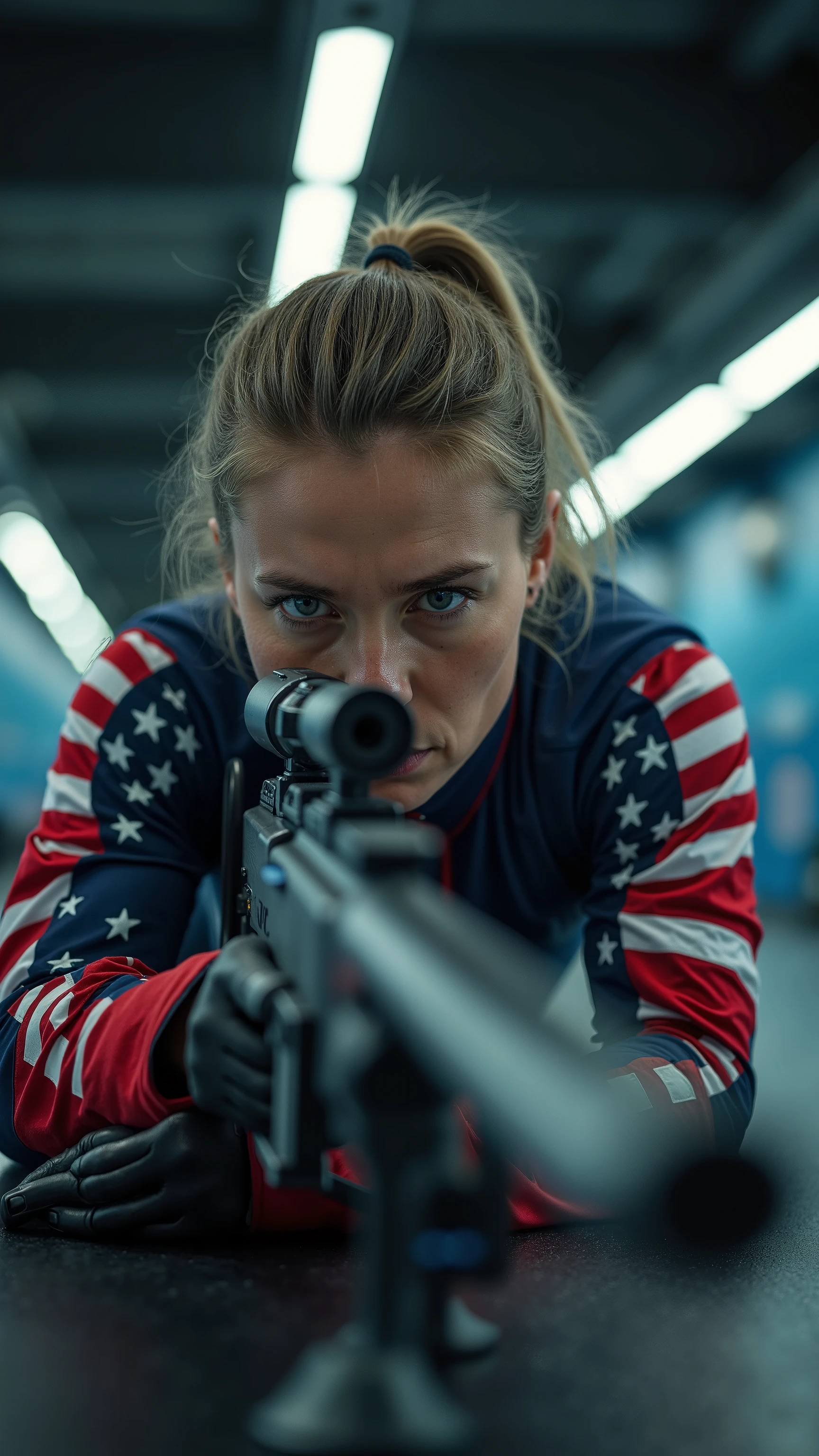 highdefinition images、An image of a woman representing the United States in shooting at the Olympics shooting face down and aiming for the target with a rifle、