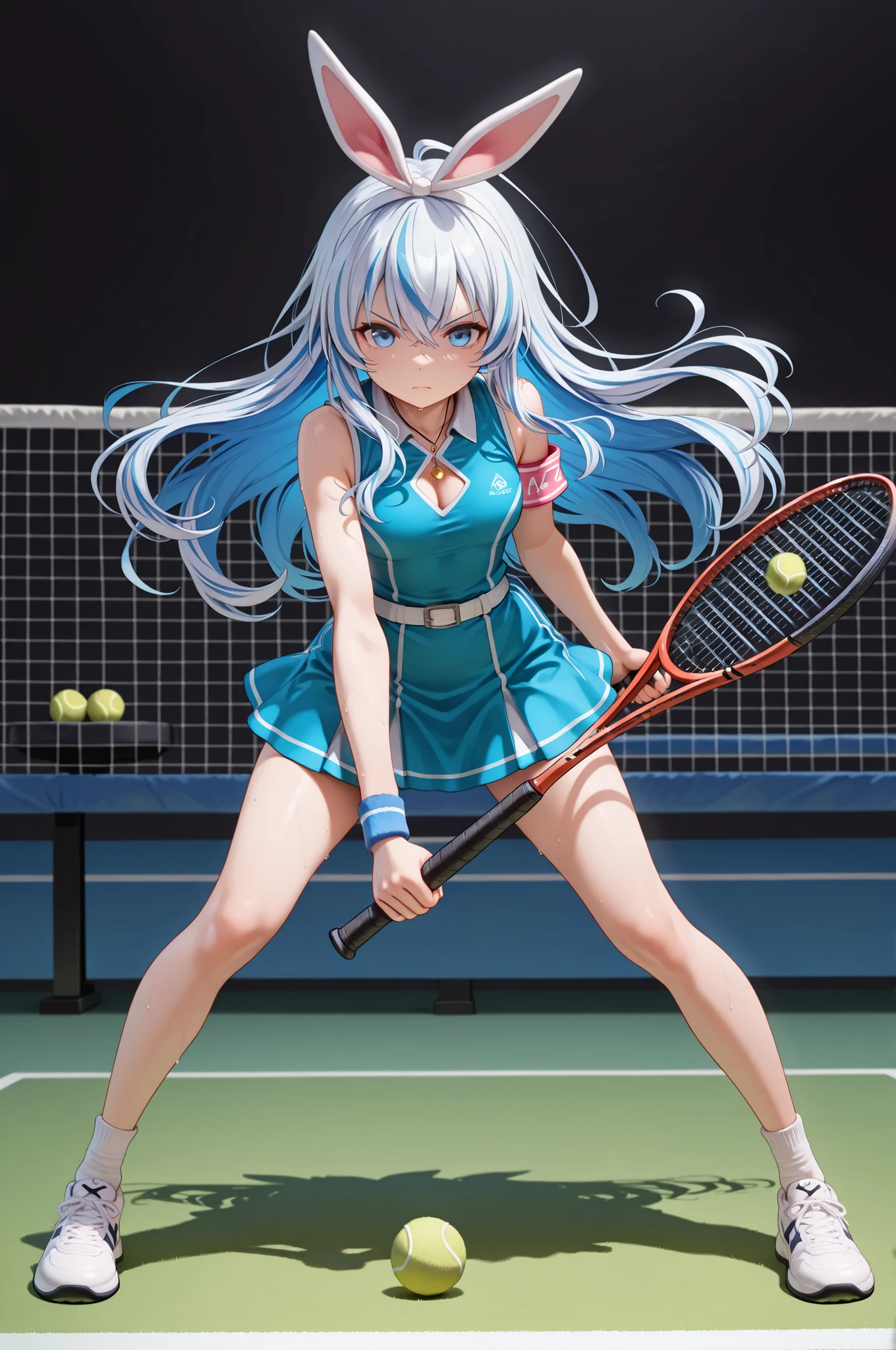 masterpiece, Highest Quality, Amazing Quality, with a perfect face, highest resolution, 8k, Live-action, reality, photo, real-style images, (((detailed eyes, Clear eyes))), 1girl, solo, one chibi girl, Ryugu Unotsukai Musume, Blue hair, (White two-striped hair), swirling idiot hair, Long Hair, large swirl pendant with ribbon on chest, 「SeaArt」armband with the letters, belt that is large at the waist and has a round swirl pattern in the middle, large on the waist with a round swirl pattern in the middle {x} short standing red rabbit headband with white lines, blue dress, follow-cam, Tracking Shot, First person view, dynamic pose, Low-angle, (full body), dynamic pose, Live action, reality, photograph, club activities, tennis club, tennis, tennis racket, swinging a tennis racket, tennis rally, tennis court, tennis ball, tennis ball moving back and forth at high speed Girl playing tennis, tennis wear, underskirt, tennis outfit, tennis uniform, scene of hitting a tennis ball with a tennis racket, pose of hitting a tennis ball with a tennis racket, tennis pose, dynamic pose, low angle, serious expression, sports, sweat, club activities, school, school tennis court, tennis net, (((clear contrast between light and dark, cool color image)))