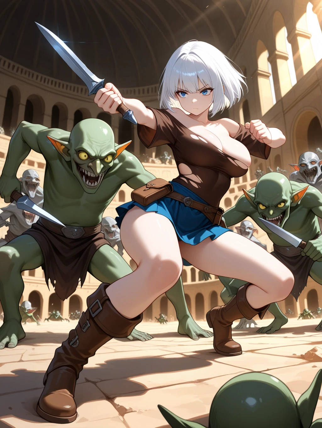 A female knight, wounded, scared face, badly torn-damaged clothes, , equipment around her, full body, defeated,  chest , tears, , full body, after , ,  dripping from , in cave, surrounded by goblins, metal armor, teared clothes 