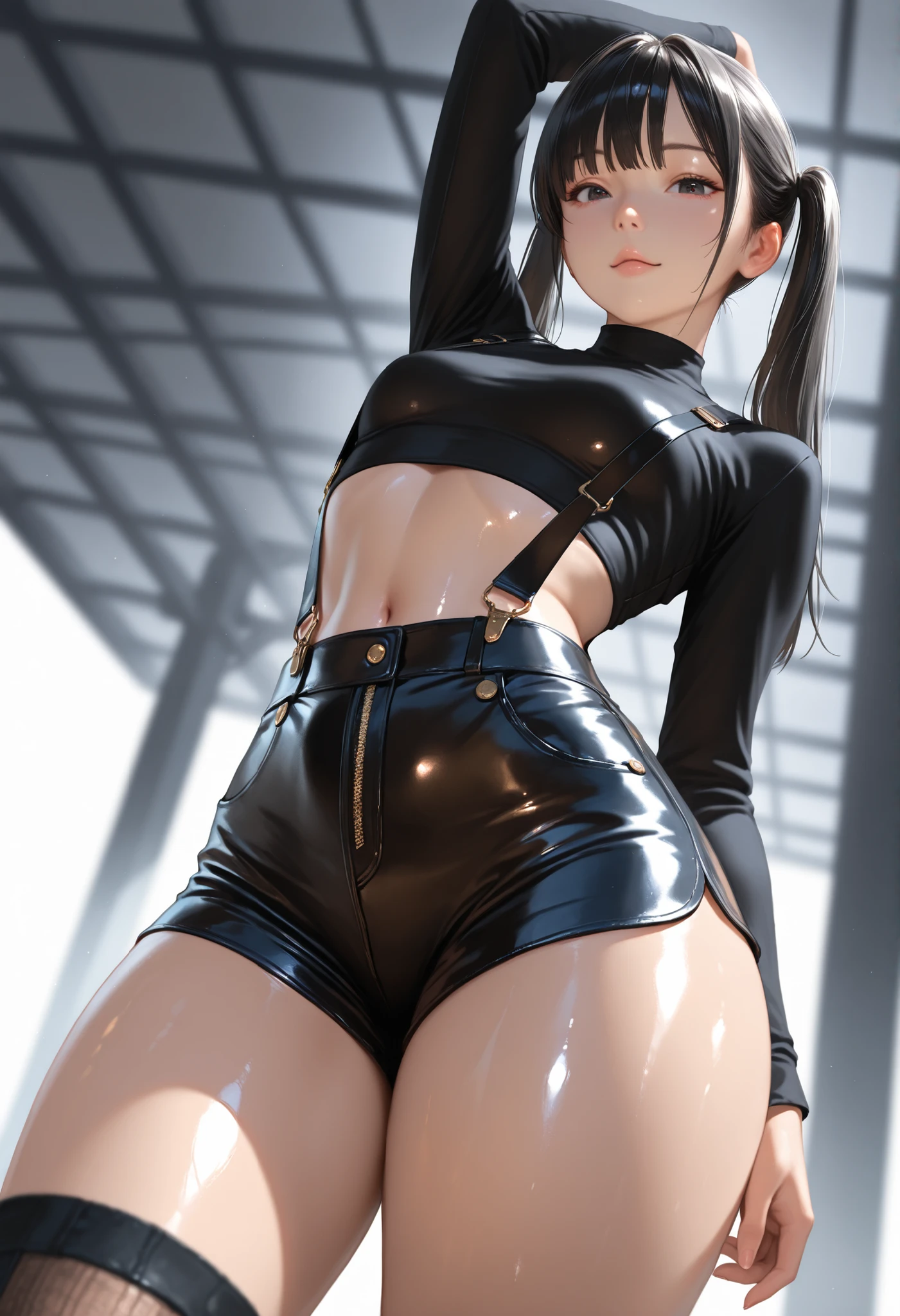 ((masterpiece, best_quality)), (photorealistic:1.4), solo, 1 girl, white_background, black_hair, short_hair, zettai_ryouiki, blue blouse and mini skirt outline  can be seen through the clothes,  bulge, Chuck Taylor, belly,  gap,  ,shiny skin, sweaty skin, nose blush, underboobs, 