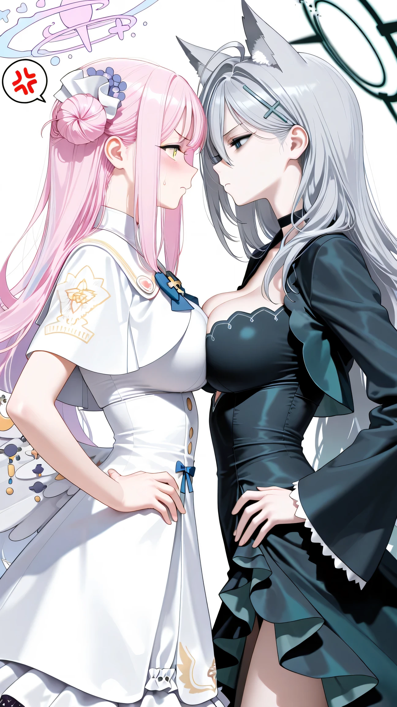 2girls, yuri, symmetrical docking, from side, profile, looking at another, cowboy shot, shiroko terror \(blue archive\), mika \(blue archive\), simple background, annoyed, spoken anger vein, hands on own hips,