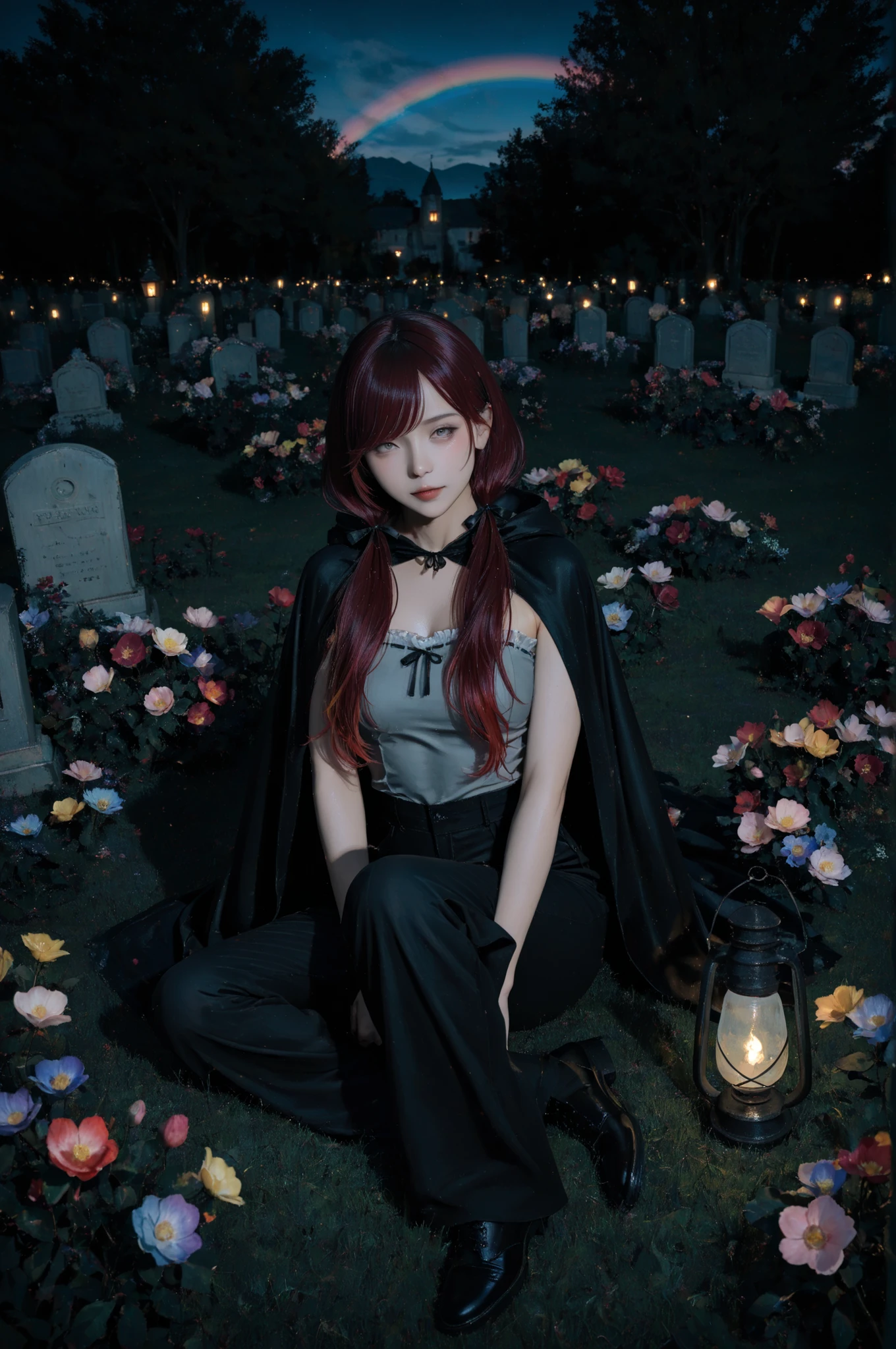 Photorealism, panoramic composition, full body, a girl, gray eyes, dark red hair, long hair, swept bangs, low twin tails, hair ribbons, white frill trim, strapless sleeveless shirt, gray shirt, black trousers, black cloak, tattered cloak, sitting on the grass in a beautiful cemetery at night, a glowing lantern beside her, surrounded by blooming vibrant rainbow-colored flowers, masterpiece, best quality, amazing quality, very aesthetic, absurdres, newest.