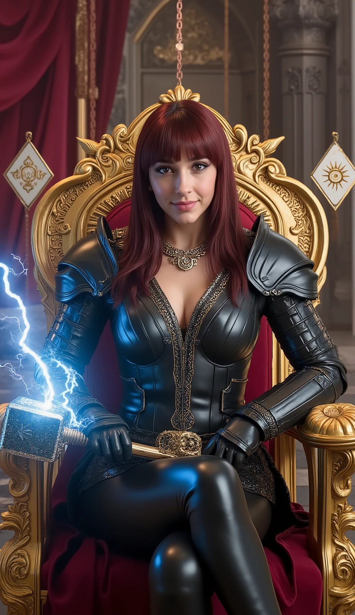 A medium shot, photorealistic portrait of a powerful female divine warrior + (((seductive smile))) + (((hourglass figure, Big breasts))) + (((keep the exact face details, hair details and hair colour of the selected LoRA))), she is seated on a majestic golden dragon throne within a grand stone archway. She has a dynamic, feminine pose for a medieval-themed photoshoot, leaning forward with an engaging, confident expression. Her intricate dark metallic plate armor, polished with gold inlays, hugs her athletic form, featuring a deep V-neckline and segmented plates secured by ornate clasps. hair cascades over her shoulders. In one hand, she holds a massive war hammer crackling with intense blue lightning, resting its head on the throne. Her other hand rests elegantly on a floating golden cube that radiates waves of arcane energy. The background is a cathedral-like hall with gothic stonework, heavy red velvet curtains, and chains hanging from the ceiling. Dramatic, cinematic lighting casts deep shadows and highlights the ultra-detailed textures. Flanking her are two diamond-shaped shields on the walls, each bearing a sharp, glowing golden "H" logo. Below them, circular emblems glow with a crescent moon and a sunburst. Epic fantasy atmosphere, photorealistic, 8K resolution, high contrast, volumetric rays, goddess-like aura. Confident facial expression