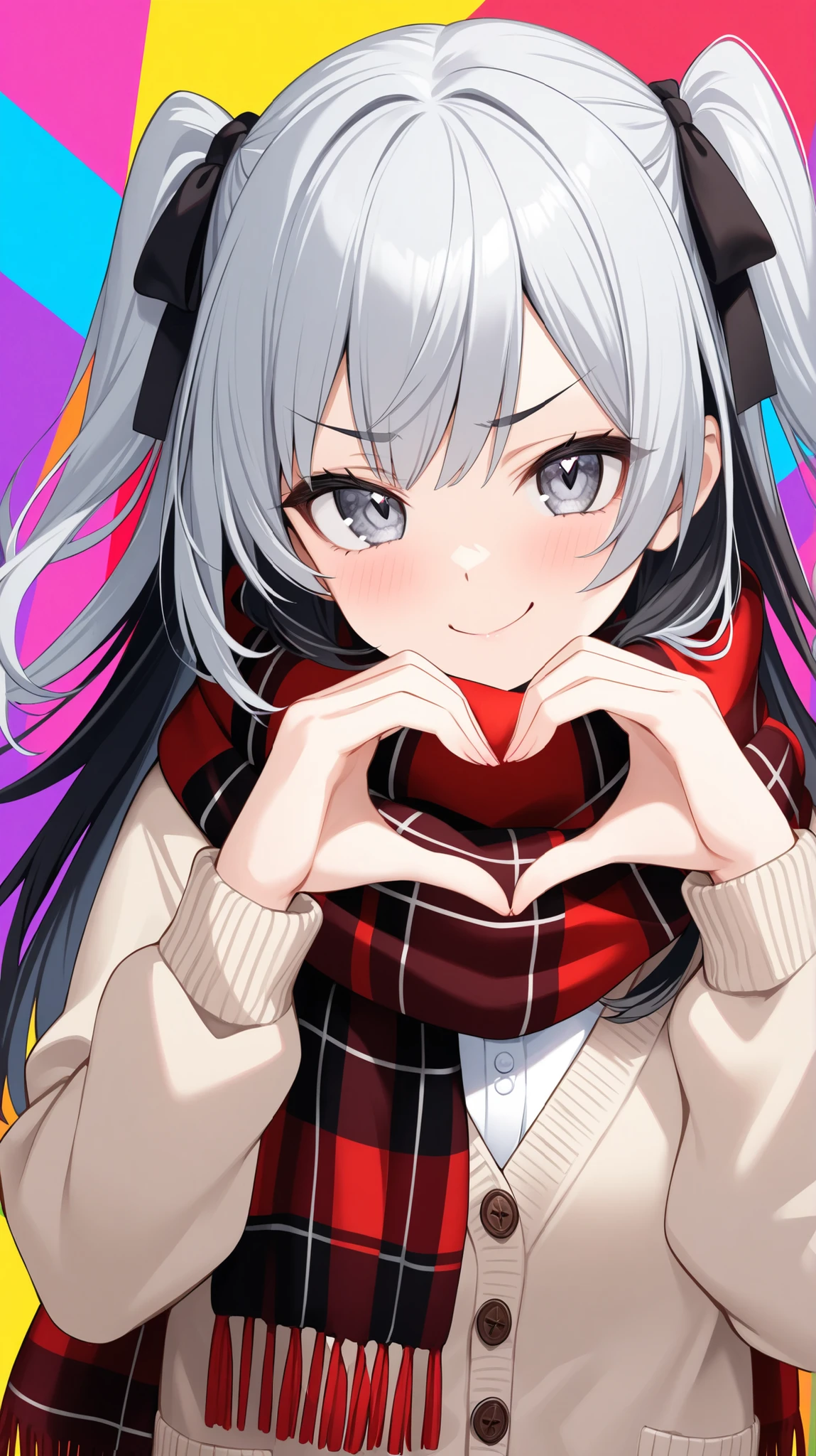 one girl, 19 years old, heart hands, Cardigan, Scarf, smug, >:), raise eyebrows, two side up, silver hair, black inner hair, silver eyes, upper body, colorful background, vivid color, high quality