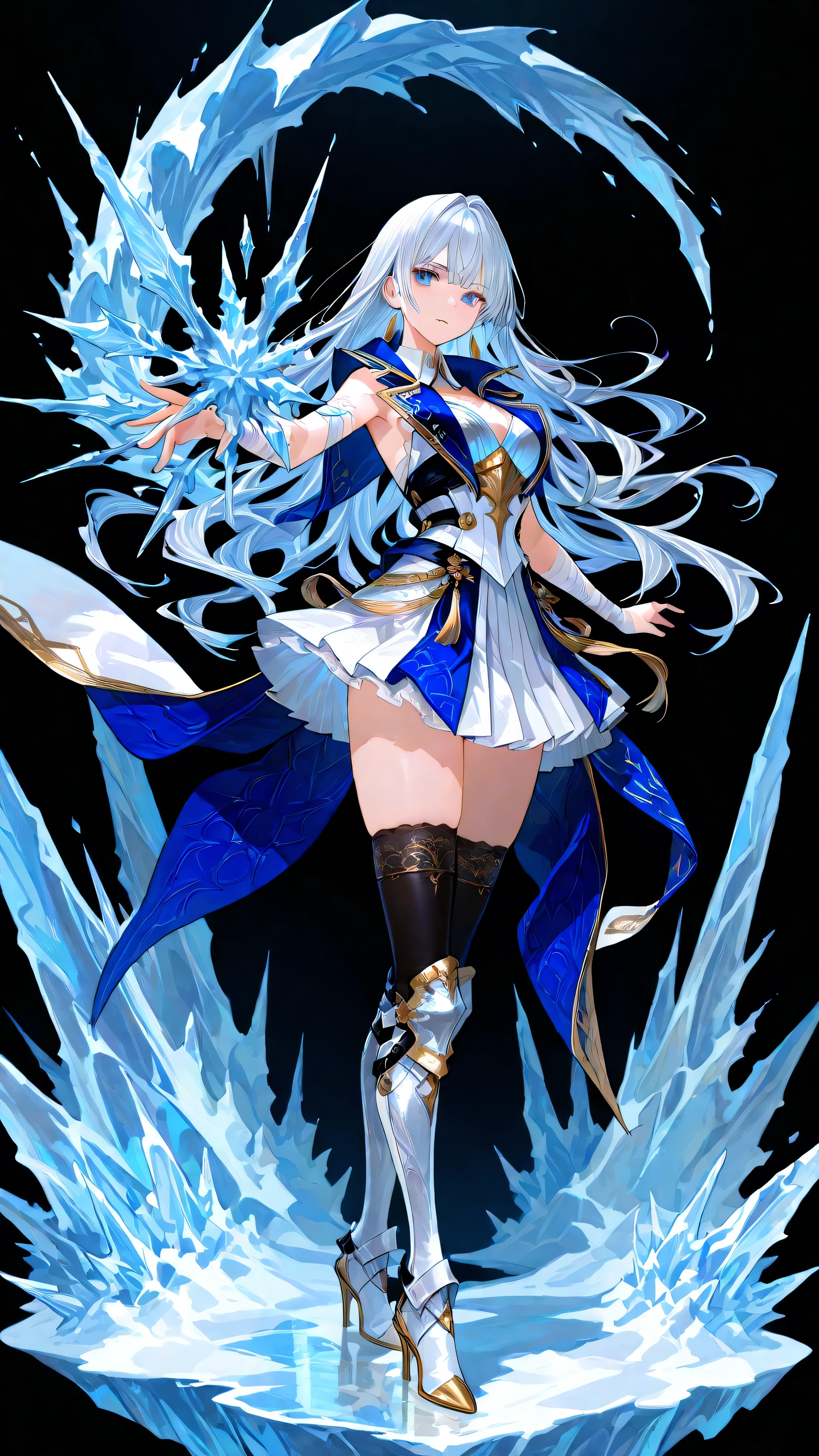 black background, 1girl, solo, masterpiece, female knight theme, beautiful woman with long silver hair, her hair has blue-streak on it, blue eyes and silky hair, hair down, white chest plate, wearing white knightly attire, long blue coatail, white skirt, decorated with golden details on her outfit, sleeveless coat (clothing cutout), sleeveless jacket (clothing cutout), she also wears white bridal handsock that wraps tight onto her entire arms, black stockings underneath shin guards, thighs' absolute territory, armored high heels, standing, highly detailed, anime illustration, add more golden intricate details on her overall outfit and armors, action pose, ice, icicles, shirt collar