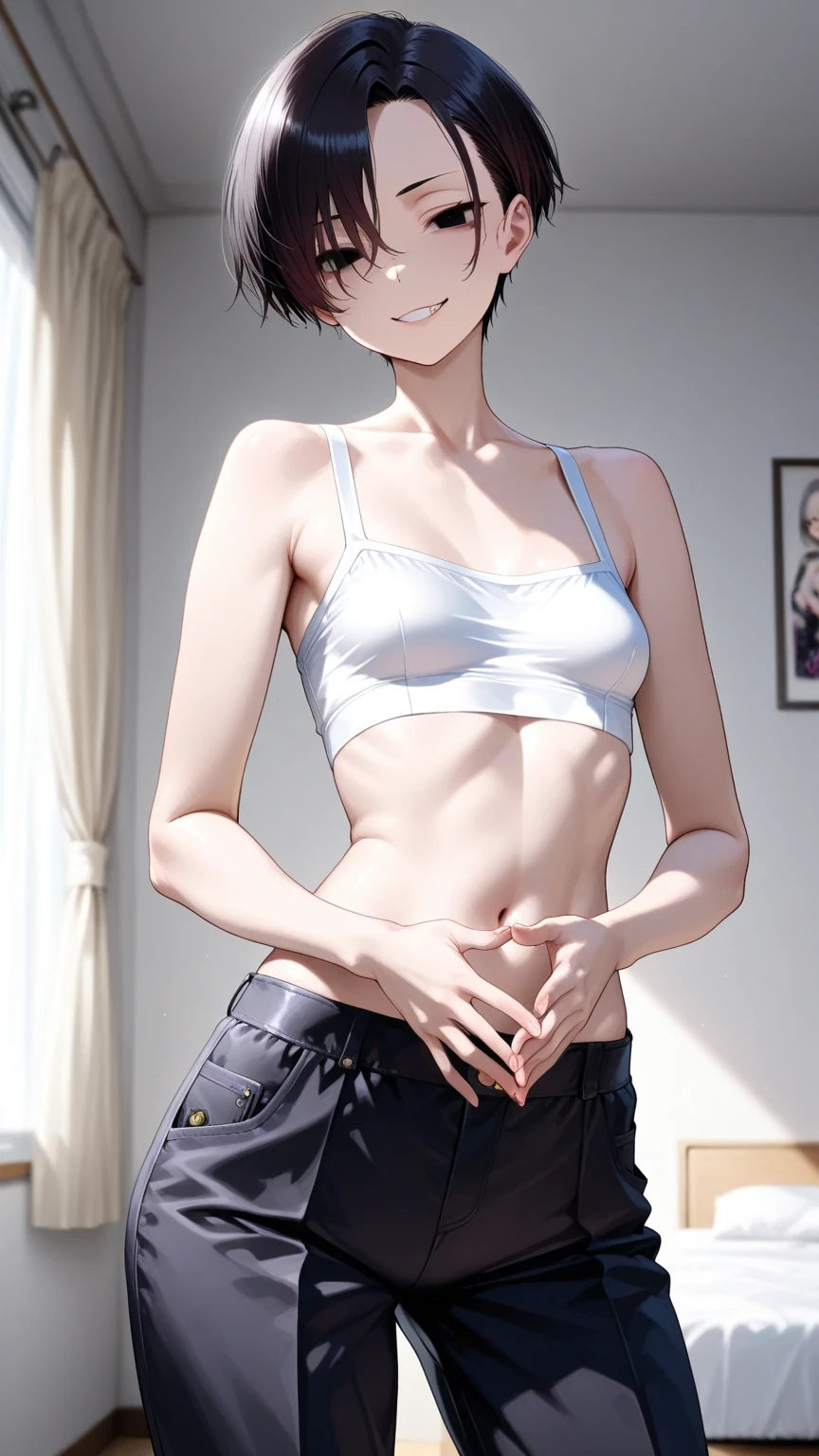 1 girl, Alone, beautiful androgynous bimbo girl, short purple hair, beautiful, short, tanned skin, , Hispano, just pending, white shirt, parts, beautiful, 20 year old woman, beautiful, blushes1 girl, {Alone}, Upper part of the body ,{{ {looking at the viewer}}}, arm at the side, conceptual art, white bottom, simple bottom, Best Quality, Masterpiece, Dynamic Angle, _bottom, backlighting, absurdities, High resolution, ultra detailed, by the chestnut, brown eyes, just clothes, scarf.short pants , smilling