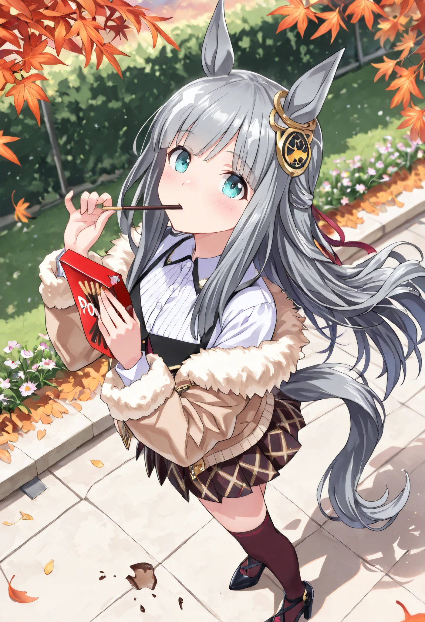 (masterpiece, best quality, perfect face:1.4), wide angle, chrono genesis\(umamusume\), floating hair, horse ears, ear ornament, tail on the lower back, horse tail, proportional body, proportional,1 girl, beautiful hair, beautiful face, beautiful detailed eyes, beautiful clavicle, beautiful body, beautiful chest, beautiful thigh, beautiful legs, beautiful fingers, BREAK, short fluffy faux fur jacket, white dress shirt, thick warm wool mini skirt with brown check pattern, brown thigh-high socks, zettai_ryouiki, black pointed heels, BREAK, Pocky, Pocky Kiss, Hold up the Pocky, Pocky game:1.3, Outdoor, autumn leaves of trees , flowers blooming in the garden in the fall season, Cosmos, BREAK, Her mouth opens slightly, Smiles spill out, ecstatic expression, Ergonomically Correct Body, textured skin, realistic skin, HDR, BREAK, (perfect hands, perfect anatomy),