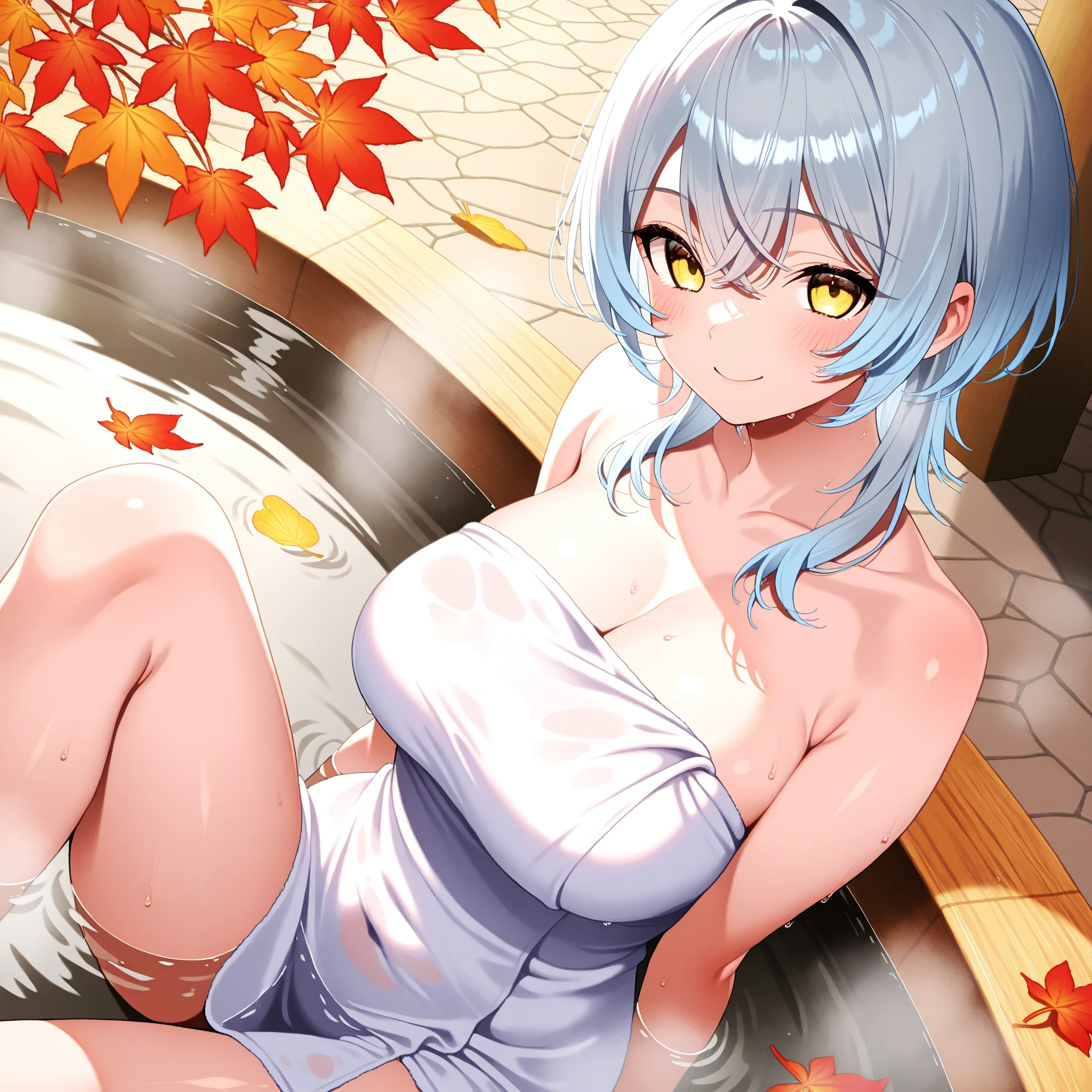 ((muste piece)), ((best quality)), (Super detailed), anime style etc., hot spring, pretty girl, 1 girl, solo, ((beautiful eyes)), shy smile, ((Open )), ((Cute ))