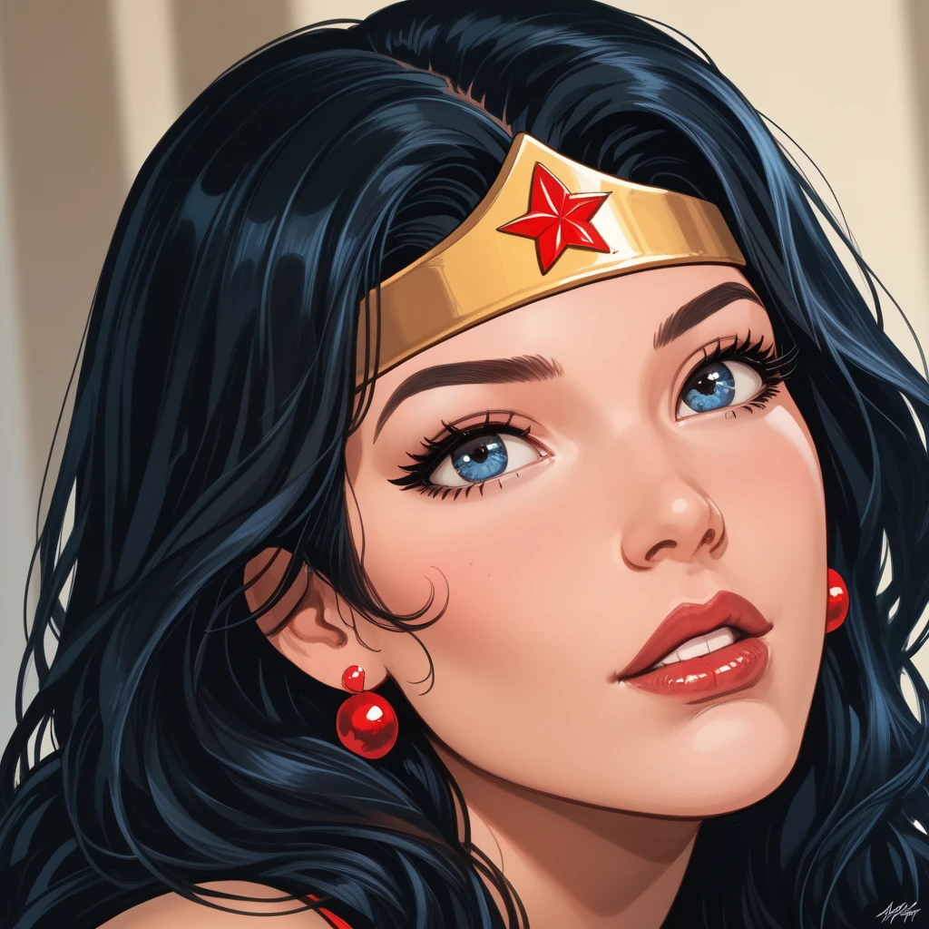 
Generate a digital illustration focusing on a close-up of a woman wearing headphones, segurando um telefone celular, inspired by JoWOnder's artistic styles, Artgerm, Atey Ghailan, Alena Aenami and with a reference to Wonder Woman from DC Comics. Embrace Artgerm's signature vibrant colorful style, creating a unique composition that captures the strength and elegance of the character.