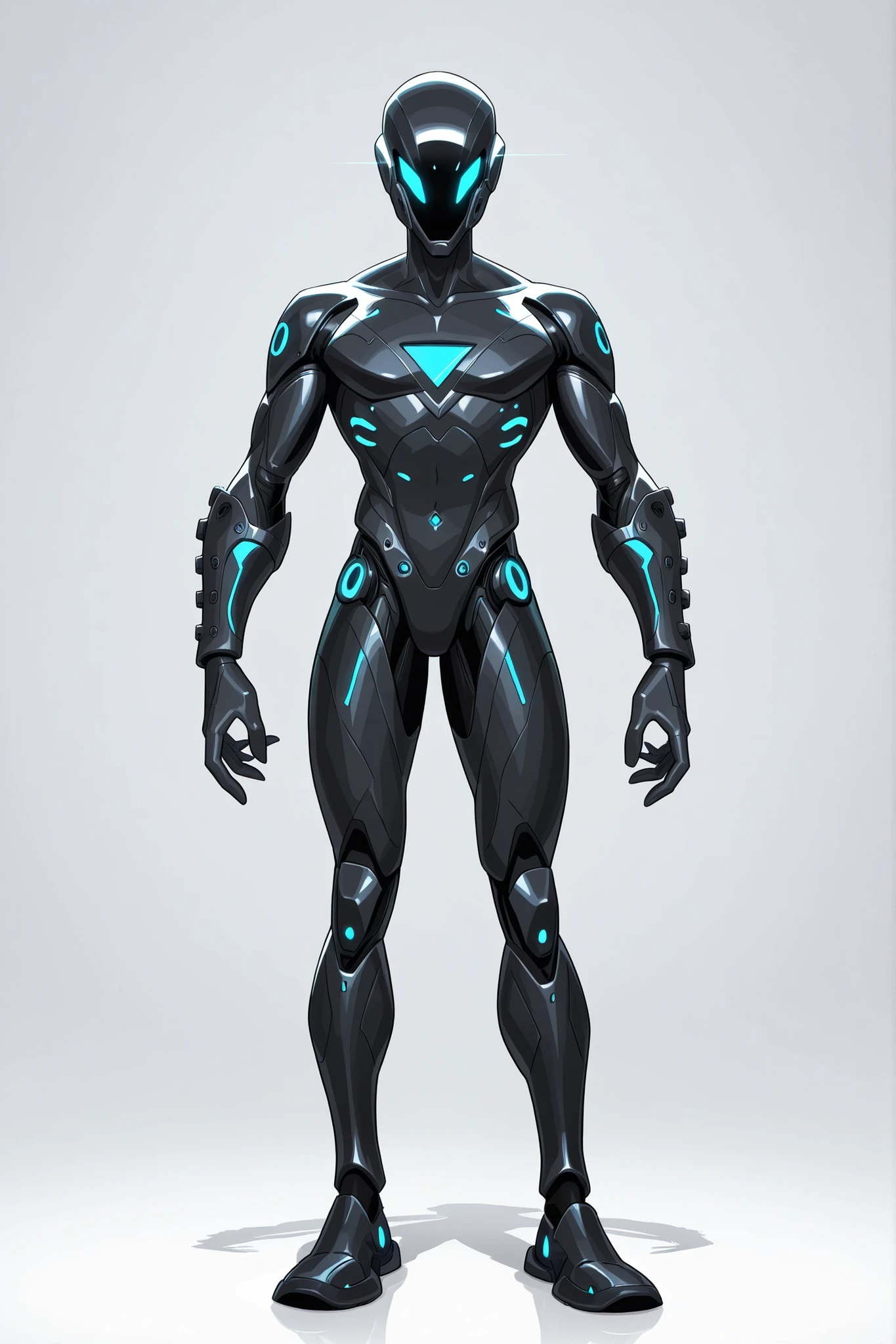 A man wearing a black skinned nanotech sleek design armour, lightweight, nanotechnology, blue glowing tiny triangular reactor on chest, high-tech black helmet , tall athletic male body, good body proportion, 2D cartoon style, cinematic depth, white background, The lighting is cinematic, good lighting, high tech armour, 8K ultra HD, high quality, highly detailed brush texture, cartoon style, front view, character design, bold black outlines, full body, flat colours, no antenna, no horns, no extended metal plates, no gauntlet 
