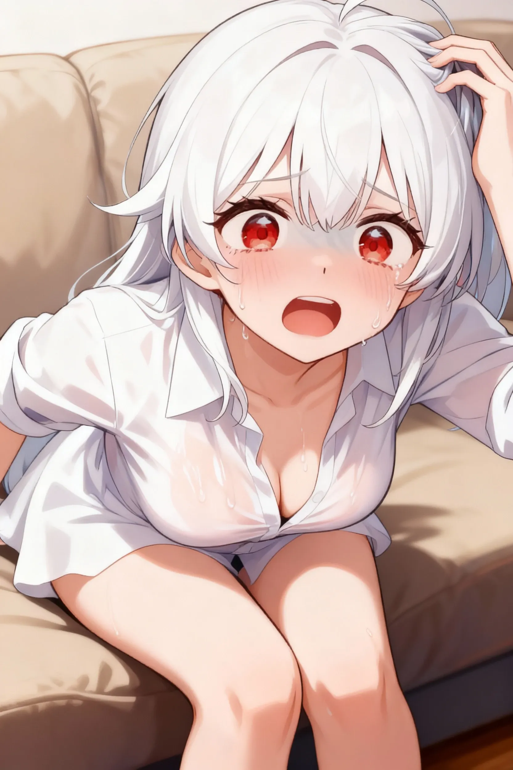 short hair, , blonde)、((navy pleated mini skirt))、double、long eyelashes 、(luxury hotel、on the bed)、 (best quality,high resolution, realistic, highres, 1girl ????) ,slender body,?????? ???,??????????,???????????,sweat,saliva,,?????????????,??? in ?????,(girl trembling with ?????????????)、sweating、back bridging、hands up、(((heart pupil)))、opening a big mouth、sticking out tongue、??????