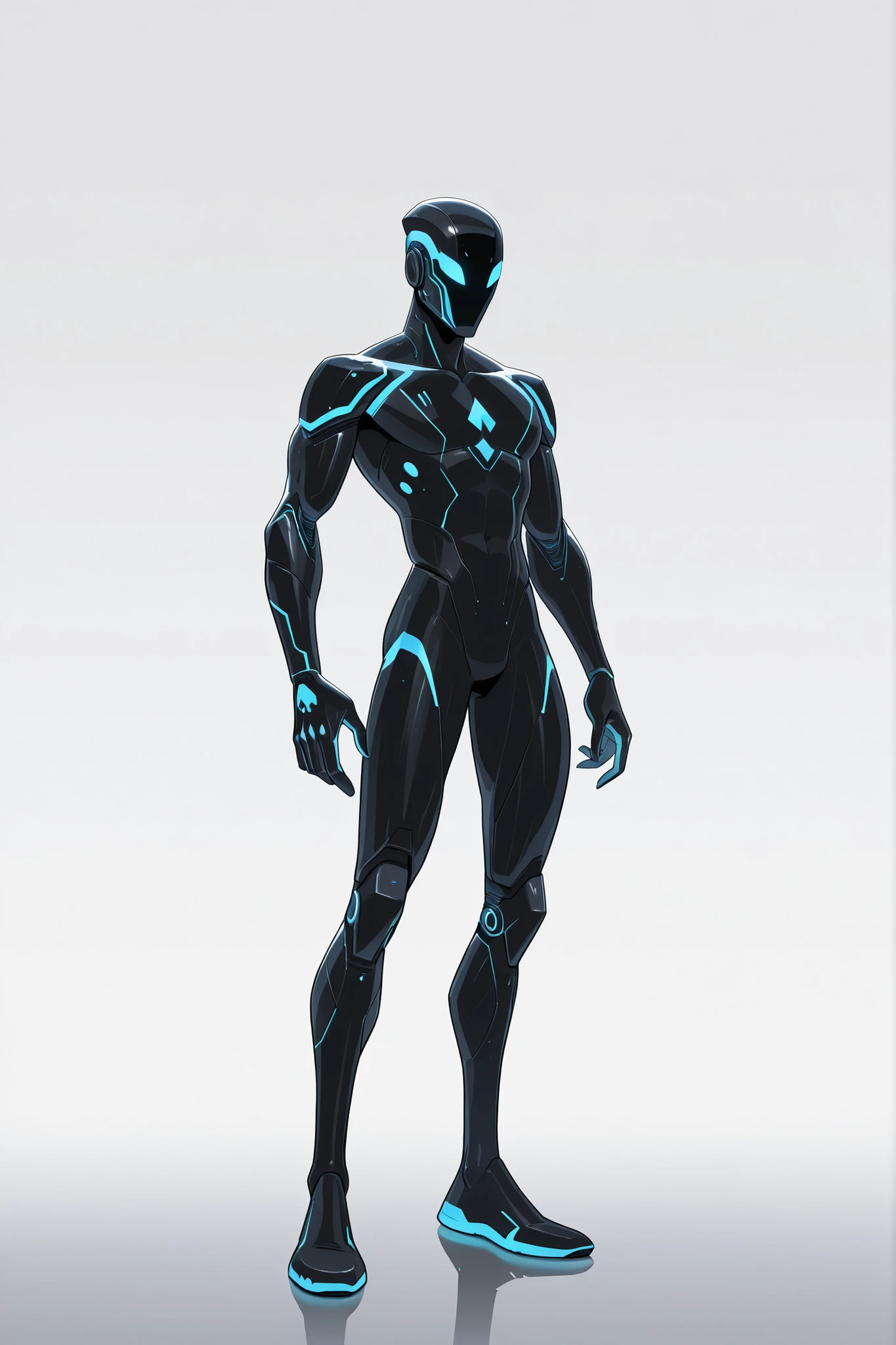 A man wearing a black skinned nanotech sleek design armour, lightweight, nanotechnology, blue glowing tiny triangular reactor on chest, high-tech black helmet , tall athletic male body, good body proportion, 2D cartoon style, cinematic depth, white background, The lighting is cinematic, good lighting, high tech armour, 8K ultra HD, high quality, highly detailed brush texture, cartoon style, front view, character design, bold black outlines, full body, flat colours, no antenna, no horns, no extended metal plates, no gauntlet, no glowing lines on the armour 