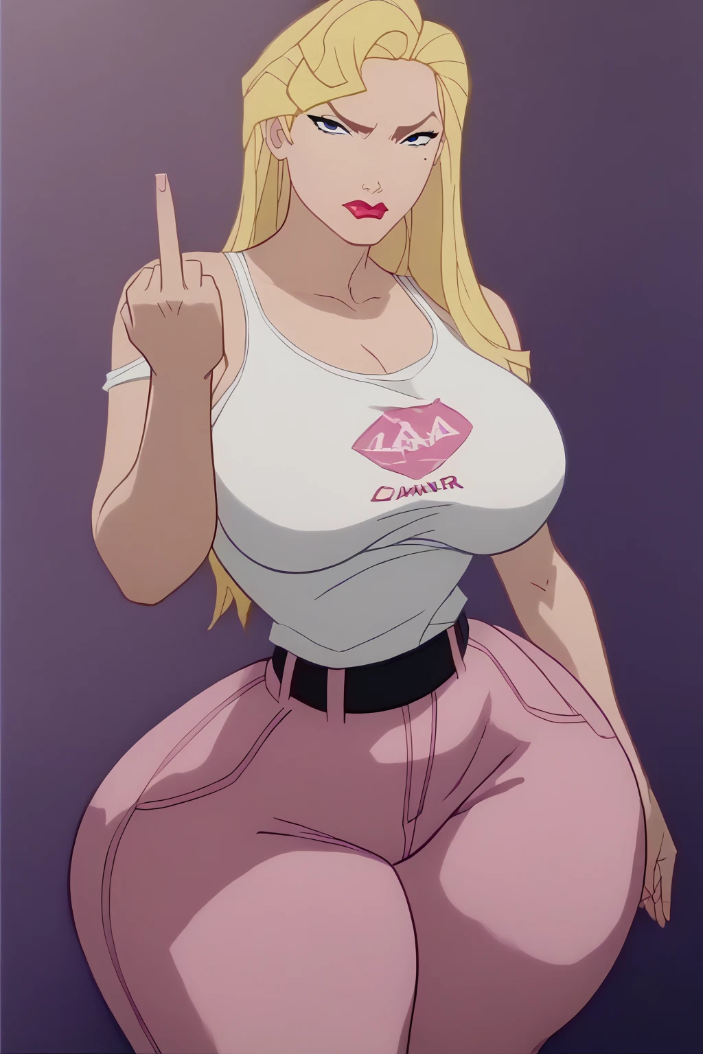 "Oleana from Pokemon, wearing a red shirt, with a hint of cleavage, in a black skirt and pantyhose. She has a white coat, well-done makeup, lipstick, and is styled in a pencil skirt. Completing her look is a choker and hoop earrings. She is depicted solo and the setting is in a corporate office."