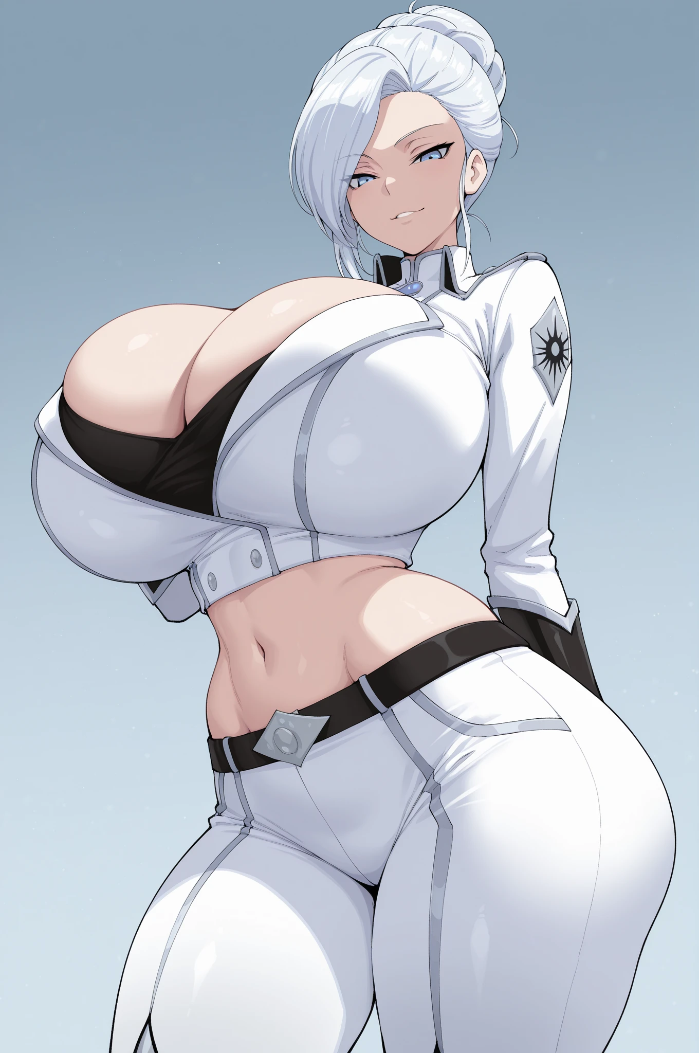 score_9, score_8_up, score_7_up, score_6_up, score_5_up, score_4_up, police uniform,
parted lips, sweat, white gloves, blue hair, looking at viewer, white thighhighs, blush,  shoulders, white background, simple background, short hair, standing, hair between eyes, covered navel, 1girl, , elbow gloves, solo, blue eyes, thigh gap, headgear,