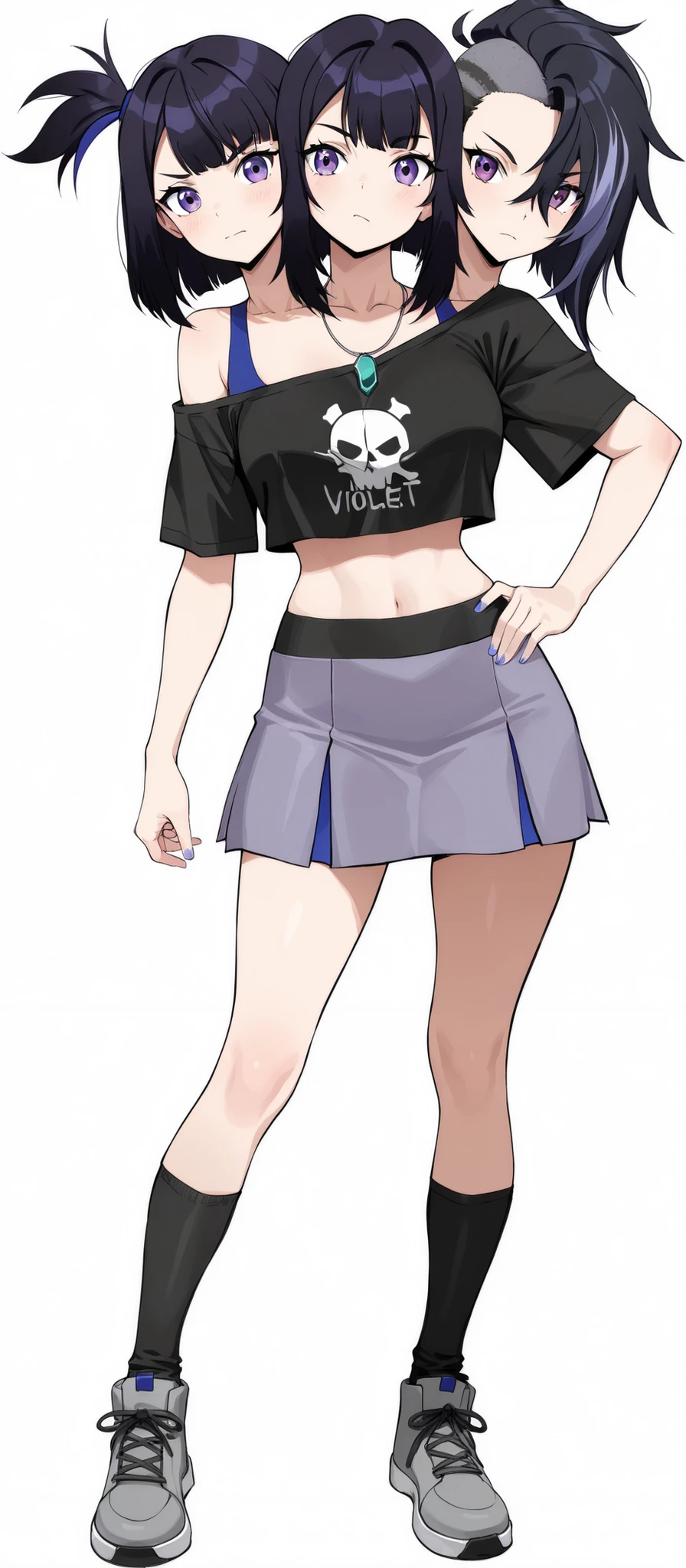 (masterpiece) , (ultra-detailed) , (high quality) , (high resolution) , (best quality:1 . 5 , highres , UHD) , highres , absurdo , ultra detail , ultra quality , Ultra resolution , 16k , ((anime girl with three heads)) ,(black hair with violet streaks), sharp eyes, bare shoulder, crop top shirt, (indigo blue crop top), skirt. long socks, gray shoes, medium hair, necklace, Sidecut, Side shaved hair