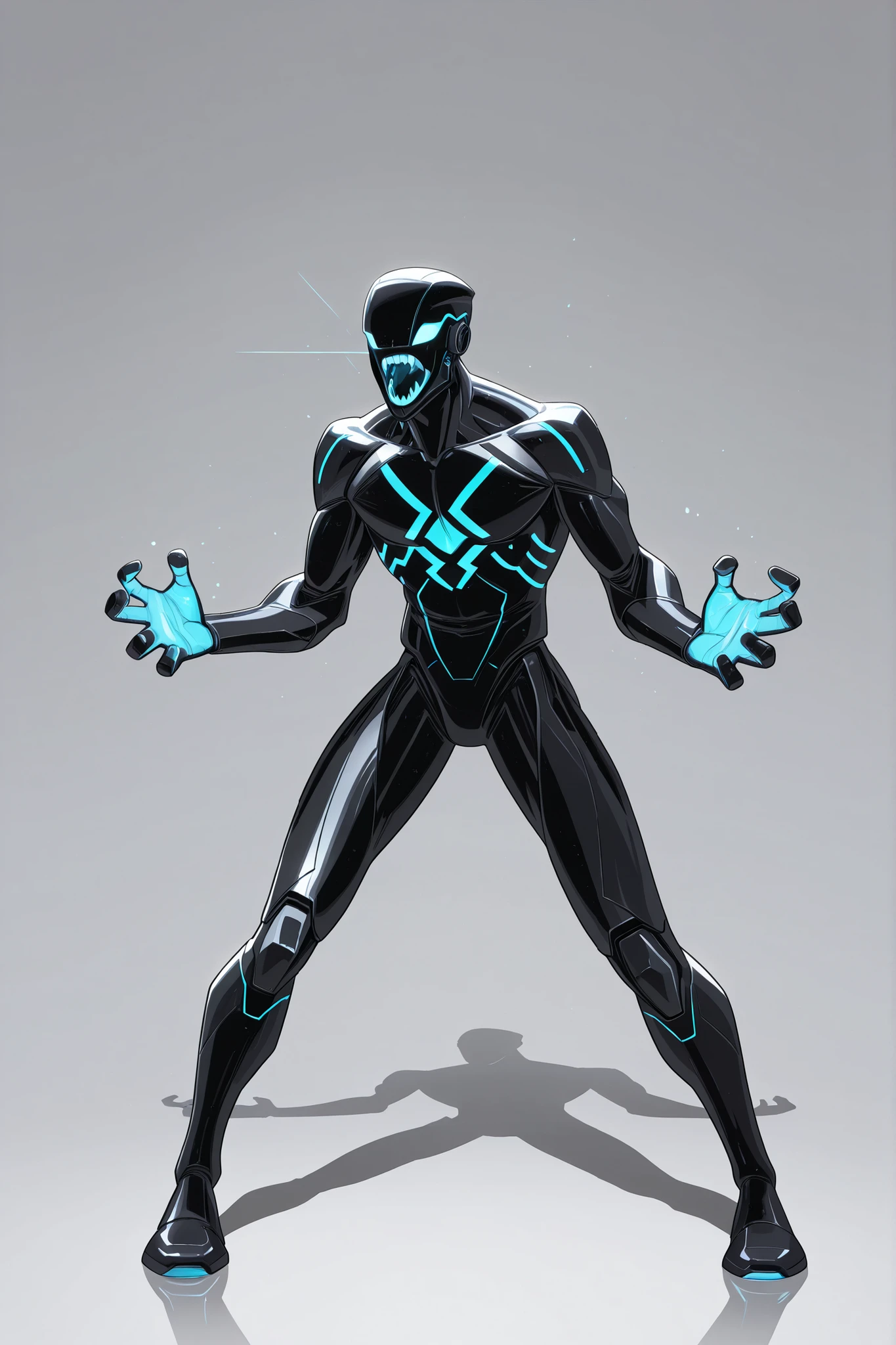 A man wearing a black skinned nanotech sleek design armour, lightweight, nanotechnology, blue glowing tiny triangular reactor on chest, high-tech black helmet with sharp glowing teeth, roaring, tall athletic male body, good body proportion, 2D cartoon style, cinematic depth, white background, The lighting is cinematic, good lighting, high tech armour, 8K ultra HD, high quality, highly detailed brush texture, cartoon style, front view, action pose, character design, bold black outlines, full body, flat colours, no antenna, no horns, no extended metal plates, no gauntlet, no glowing lines on the armour 