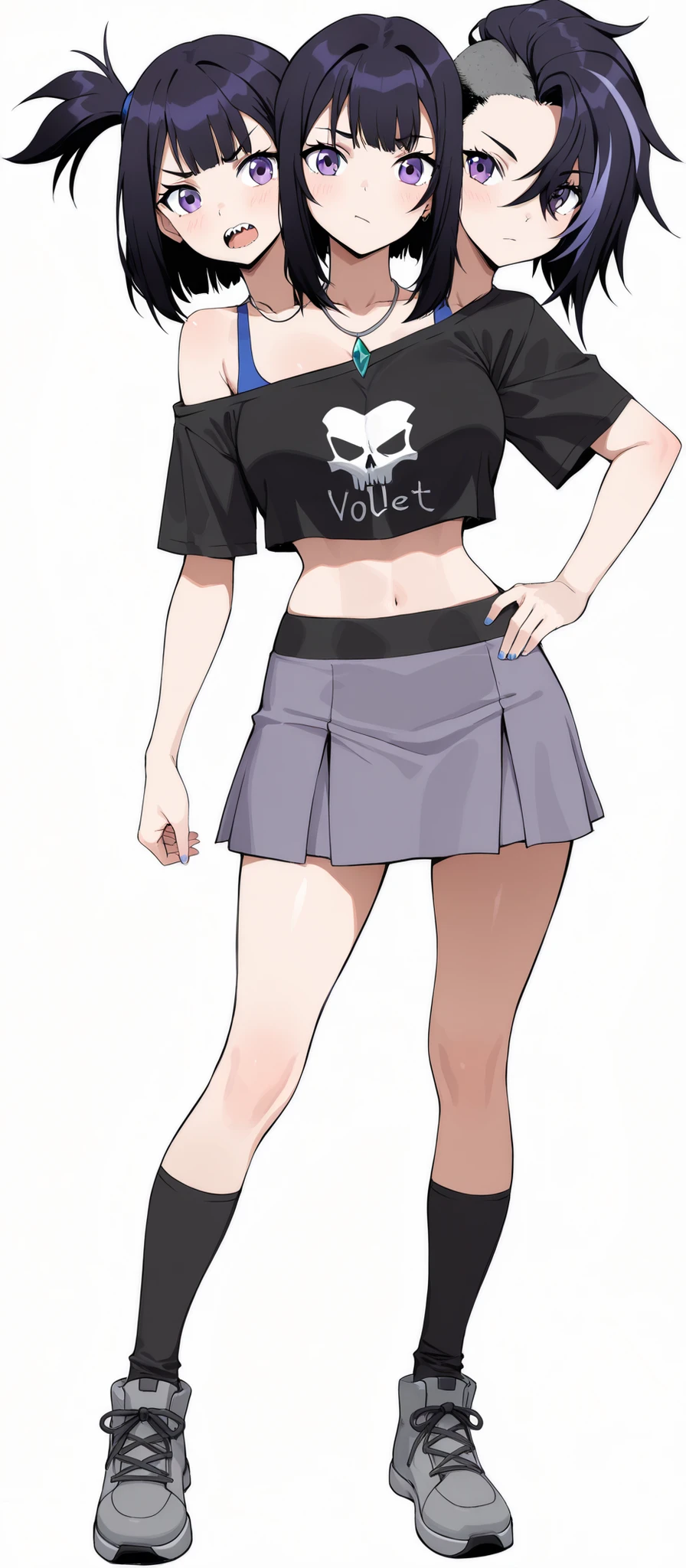(masterpiece) , (ultra-detailed) , (high quality) , (high resolution) , (best quality:1 . 5 , highres , UHD) , highres , absurdo , ultra detail , ultra quality , Ultra resolution , 16k , ((anime girl with three heads)) ,(black hair with violet streaks), sharp eyes, bare shoulder, crop top shirt, (indigo blue crop top), skirt. long socks, gray shoes, medium hair, necklace, Sidecut, Side shaved hair