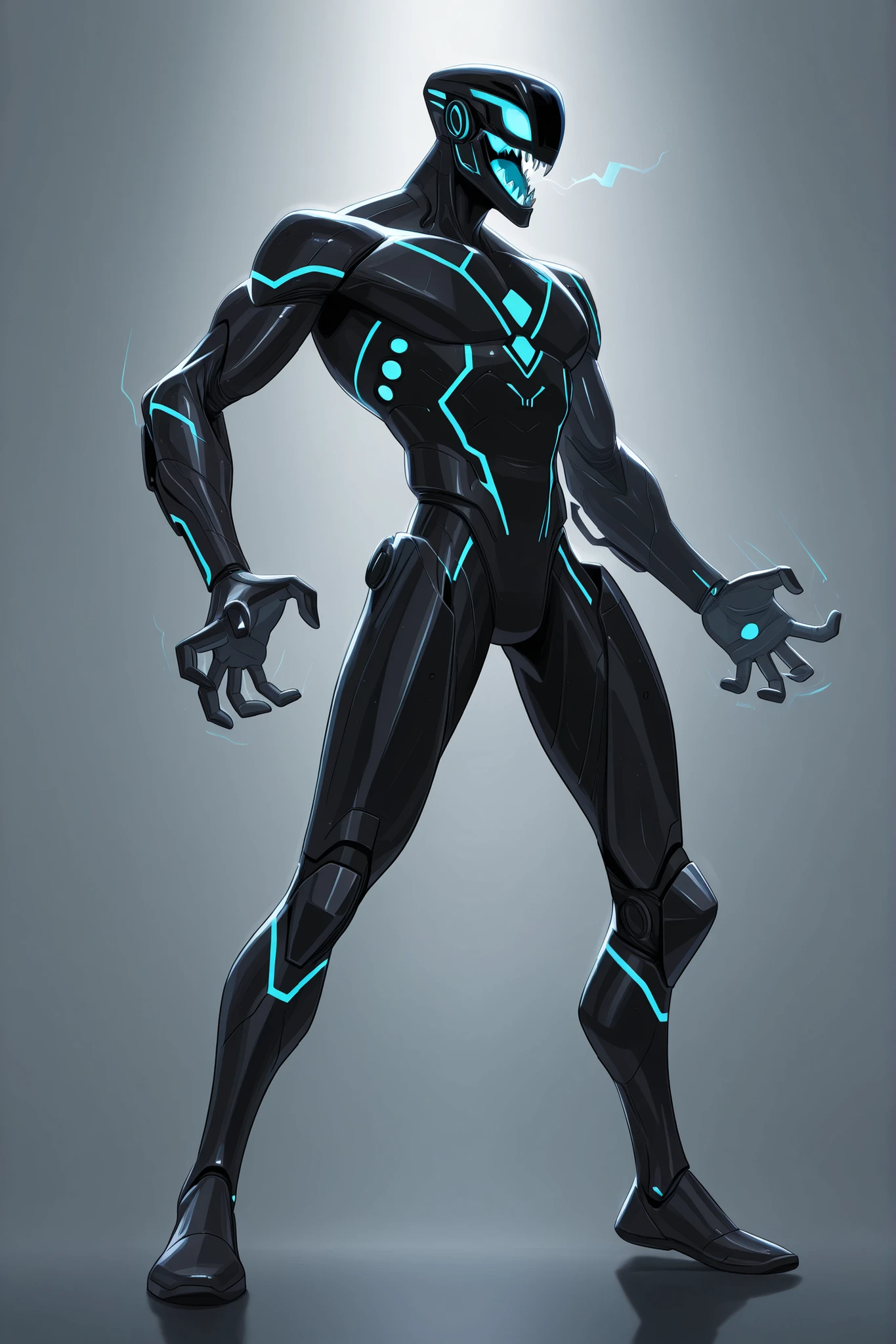 A man wearing a black skinned nanotech sleek design armour, lightweight, nanotechnology, blue glowing tiny triangular reactor on chest, high-tech black helmet with sharp glowing teeth, roaring, tall athletic male body, good body proportion, 2D cartoon style, cinematic depth, white background, The lighting is cinematic, good lighting, high tech armour, 8K ultra HD, high quality, highly detailed brush texture, cartoon style, front view, dynamic action pose, character design, bold black outlines, full body, flat colours, no antenna, no horns, no extended metal plates, no gauntlet, no glowing lines on the armour 