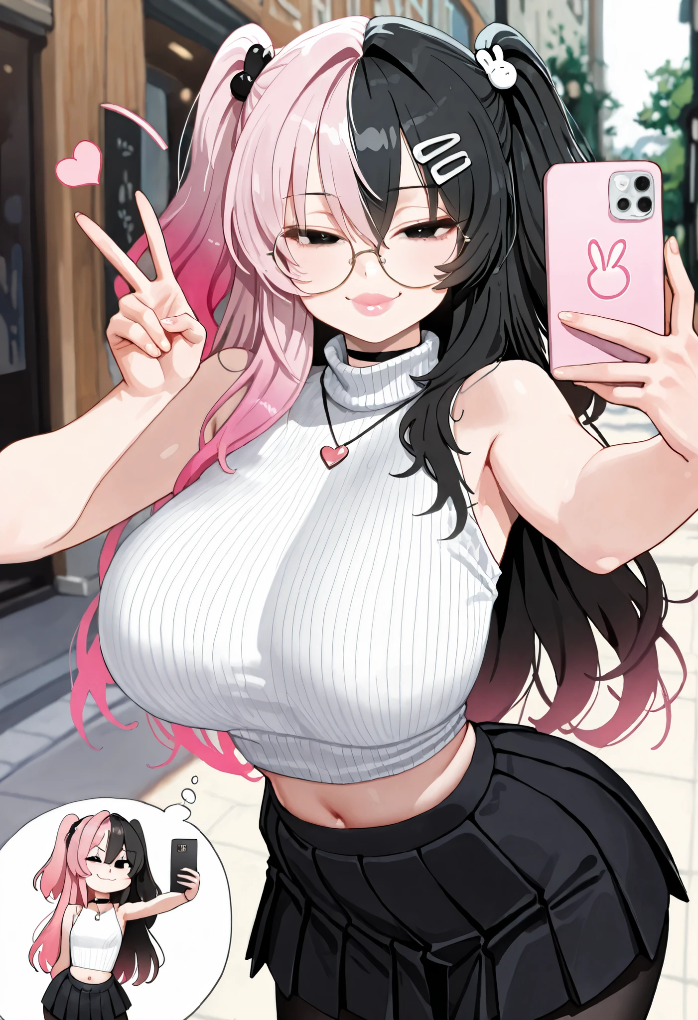 turtleneck sweater , Sleeveless , black long pleated skirt , round glasses , Choker , pantyhose , slender body , doremi , hwansang , mx2j , waterkuma , masterpiece , best quality , Perfect details , perfect composition , absurdres , newest , very aesthetic , amazing quality , highres , film grain , hairpin , flowers , cute expression , dynamic pose , dynamic view , sensual , big smile , tease , teasing , peace sign , smart phone , Selfie pose , Point of view looking at the scene where the girl is taking a selfie, split-color hair, ((gradient hair color+black hair:1 . 4+pink hair:1 . 2) , black eyes, pink heart pupil, thicker, NAVEL, slimwaist, big hips, masterpiece, best quality, absurdres, highres, very aesthetic, high quality, detailed, outside, (tiny scale girl:1 . 2), vibrant, smiling, smug, long hair, layered hair, side up, perfect hands, fat ass, scale girl:1 . 2), pouty lips, shiny lips, smug, big lips