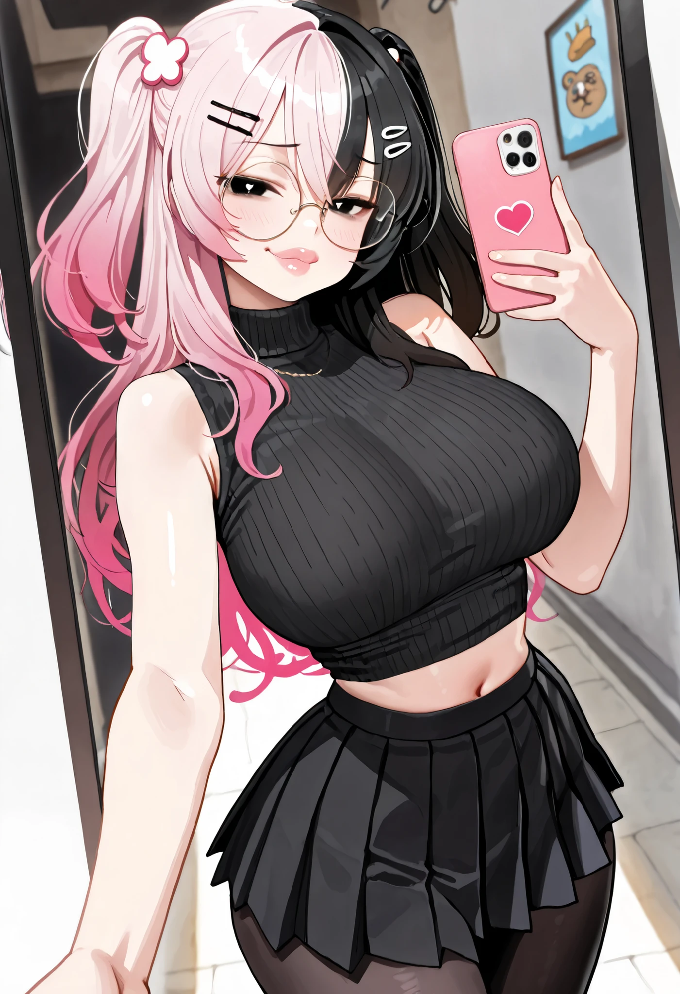 turtleneck sweater , Sleeveless , black long pleated skirt , round glasses , Choker , pantyhose , slender body , doremi , hwansang , mx2j , waterkuma , masterpiece , best quality , Perfect details , perfect composition , absurdres , newest , very aesthetic , amazing quality , highres , film grain , hairpin , flowers , cute expression , dynamic pose , dynamic view , sensual , big smile , tease , teasing , peace sign , smart phone , Selfie pose , Point of view looking at the scene where the girl is taking a selfie, split-color hair, ((gradient hair color+black hair:1 . 4+pink hair:1 . 2) , black eyes, pink heart pupil, thicker, NAVEL, slimwaist, big hips, masterpiece, best quality, absurdres, highres, very aesthetic, high quality, detailed, outside, (tiny scale girl:1 . 2), vibrant, smiling, smug, long hair, layered hair, side up, perfect hands, fat ass, scale girl:1 . 2), pouty lips, shiny lips, smug, big lips
