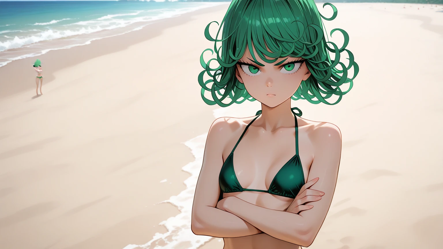 score_9, score_8_up, score_7_up, source_anime, anime screencap, official_style, tatsumaki, 1girl, curly hair, looking at viewer, seductive smile, sweat, small breasts, black bikini, standing, hand on hip, hand up, peace sign, outdoors, beach