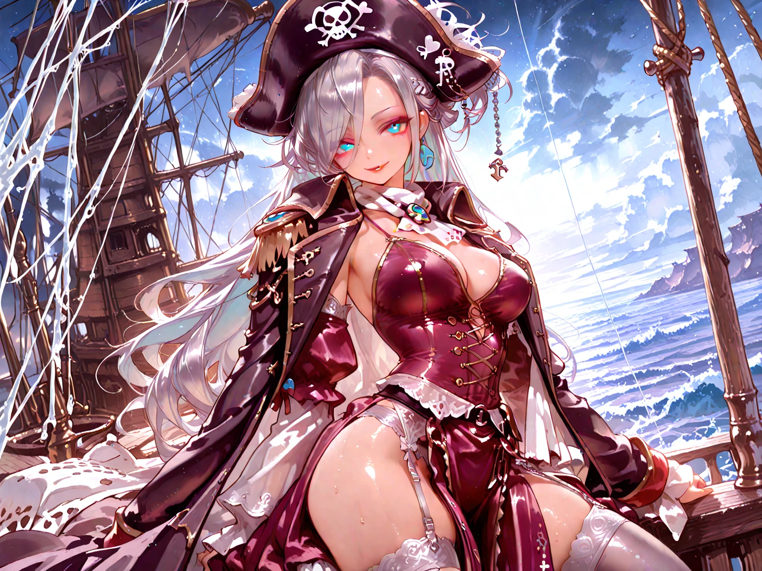 pirate girl,  face ,baby face ,in  (with breasts ) ,in pirates ship ,with arms behind head and black gloves --auto