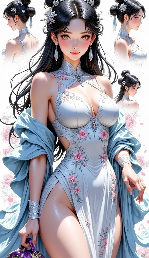 (masterpiece, best quality, beautiful modelshoot:1.4) of a stunning 25yo chinese 1girl, (full body view:1.6), ( pose:1.2), breasts:1.2, (armpits focus:1.5), solo:1.5, navel, long black hair, sidebangs,  shoulders, (perfect face, perfect eyes, insanely beautiful face, perfect hands, beautiful fingers:1.5), (happy smile:1.2), hanfu, (looking at viewer:1.6), busy street, shops, people, trees, colorful, highly detailed, ultra realistic, deep field of depth, (sharp focus:1.6), insanely intricate, 8k, tachi-e, (white background:1.9), full body