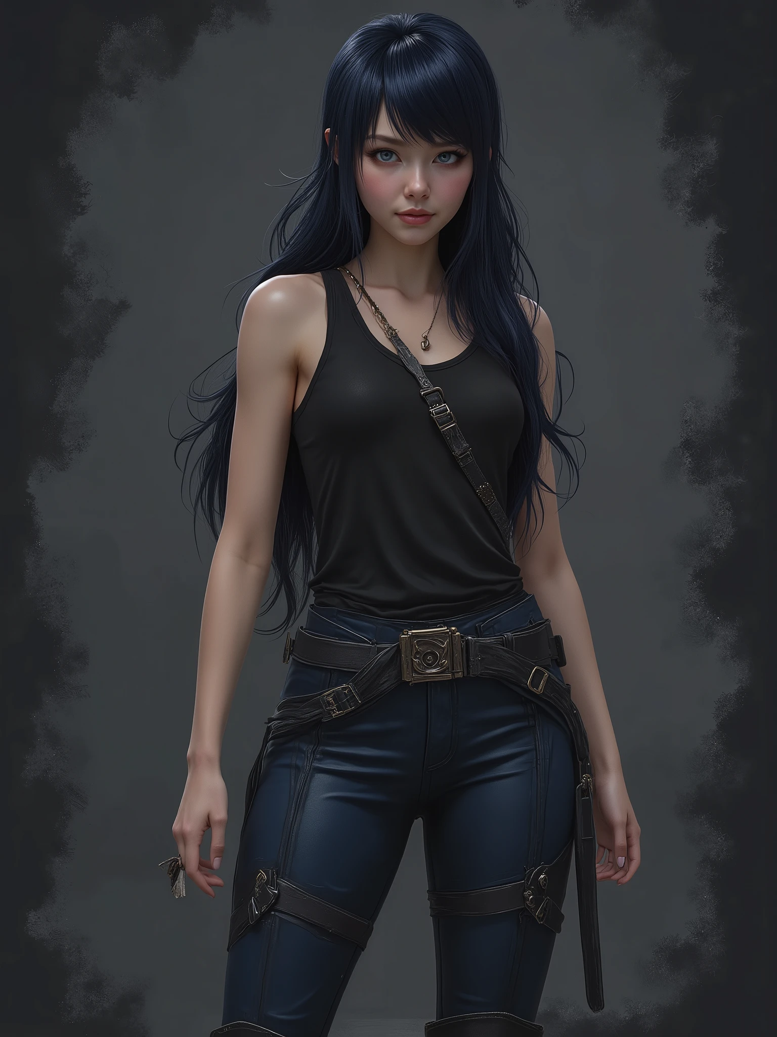 marinette Dopanchan, A very beautiful and cute 22 year old woman with a slight smile. (((Shy smile))), sharp focus on the face, (((Western eyes:1.5))), (((Extremely detailed ice-blue eyes, beautiful eyes, beautifully detailed eyes))), (((delicately detailed thin pink lips))), (((long hair, shiny hair))), (((black medieval steampunk style sleeveless t-shirt))), (((Dark Blue medieval steampunk style leather warrior pants))), (((full body view, dynamic pose, standing:1.5, graceful pose))), (((The background is Dark Gray and painted with expressive, visible textures using dynamic brushstrokes and strokes that add depth and movement. The paint covers only the area just behind the subject. The outer edges of the image with black margins, as if the background had been painted with a brush and with expressive and visible textures using dynamic brushstrokes and strokes fading toward the edges creating a modern and artistic vignette effect))). Cinematic lighting, soft depth of field, (((masterpiece/high resolution/Best Quality/top quality/high quality/UHD/16k quality))), sharp focus, no blur, film grain, bokeh.